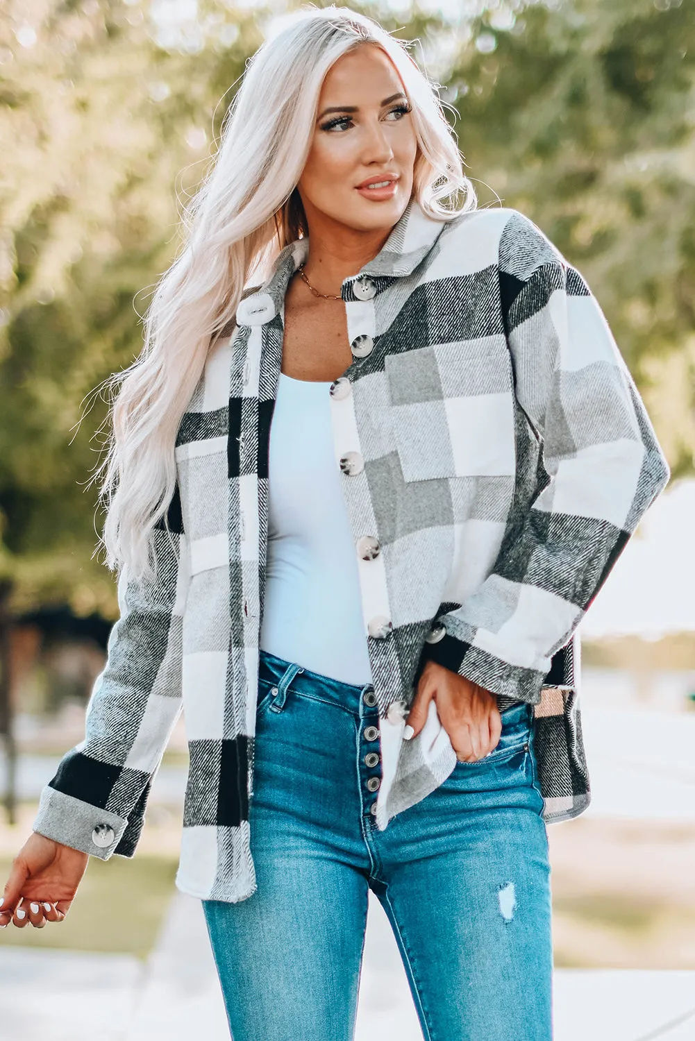 Khaki Plaid Colour Block Buttoned Long Sleeve Jacket with Pocket