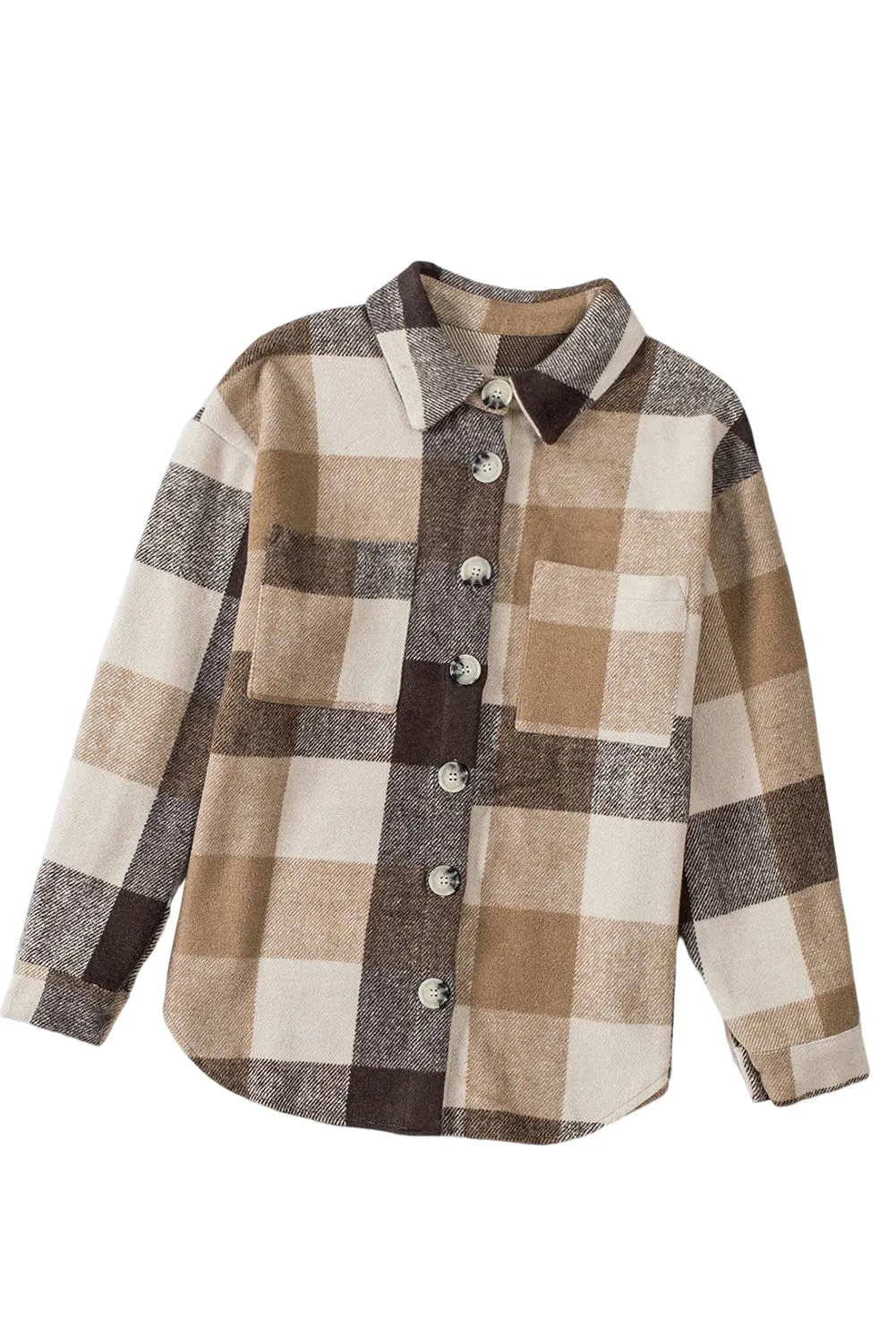 Khaki Plaid Colour Block Buttoned Long Sleeve Jacket with Pocket