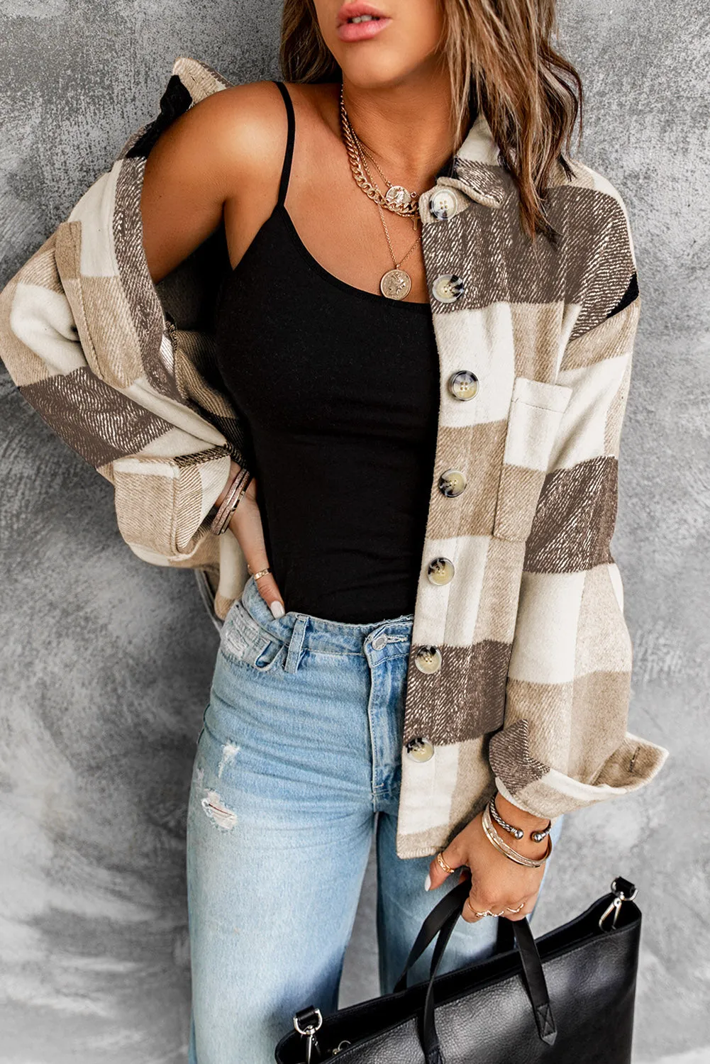 Khaki Plaid Colour Block Buttoned Long Sleeve Jacket with Pocket