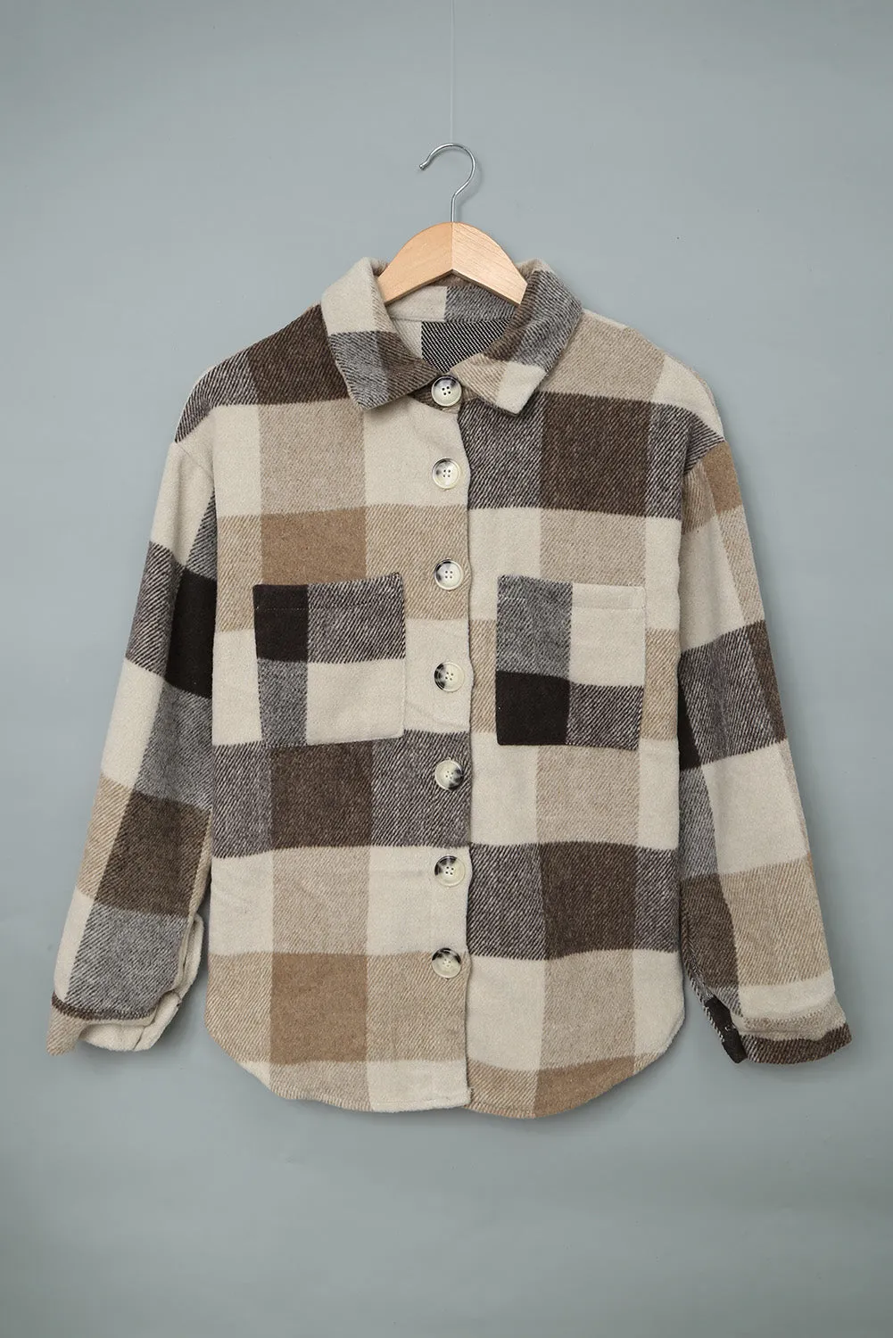 Khaki Plaid Colour Block Buttoned Long Sleeve Jacket with Pocket