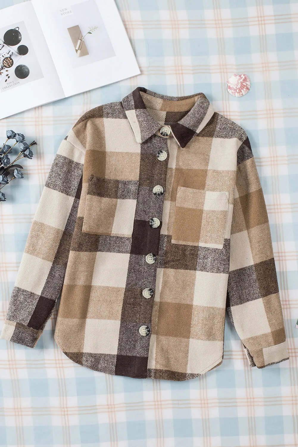 Khaki Plaid Colour Block Buttoned Long Sleeve Jacket with Pocket