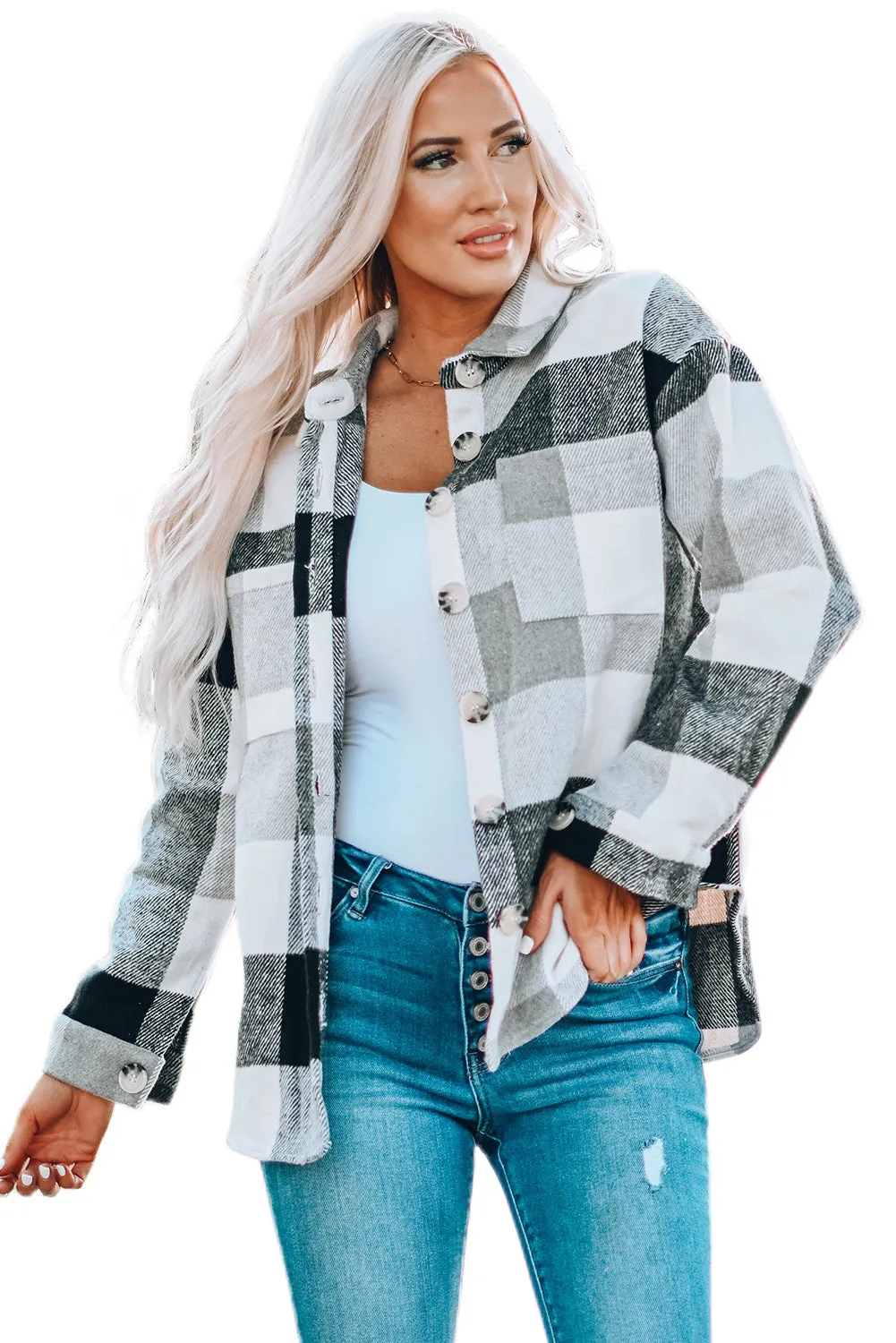 Khaki Plaid Colour Block Buttoned Long Sleeve Jacket with Pocket