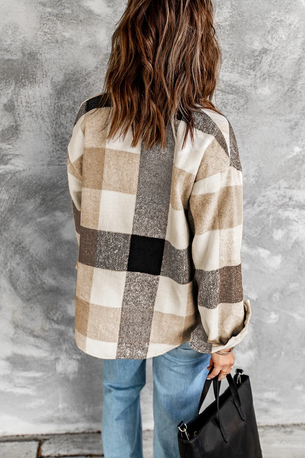 Khaki Plaid Colour Block Buttoned Long Sleeve Jacket with Pocket