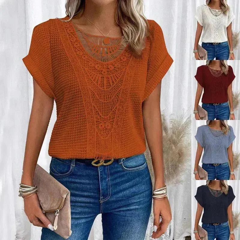 Lace Patchwork Short-sleeved T-shirt Women's Clothing