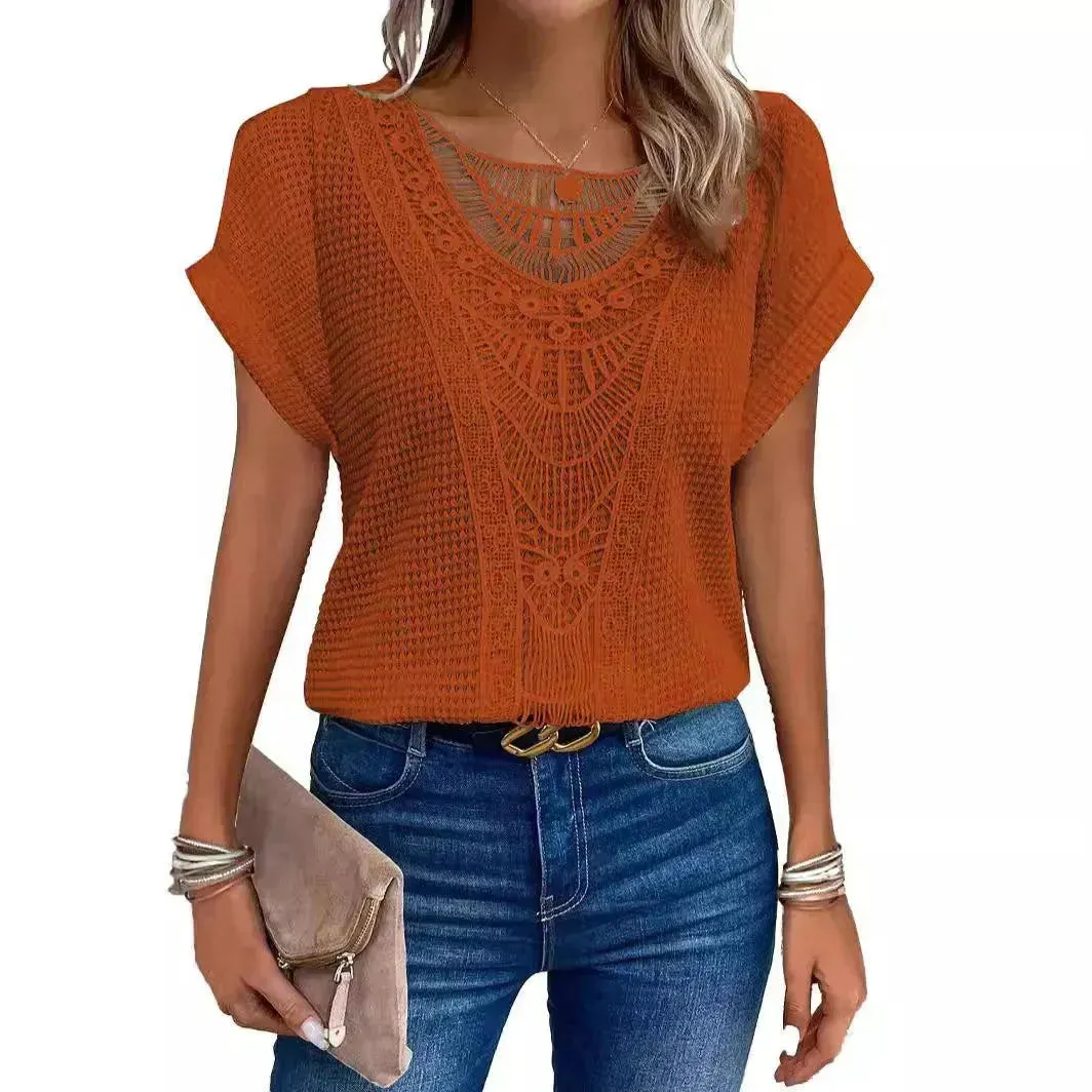 Lace Patchwork Short-sleeved T-shirt Women's Clothing