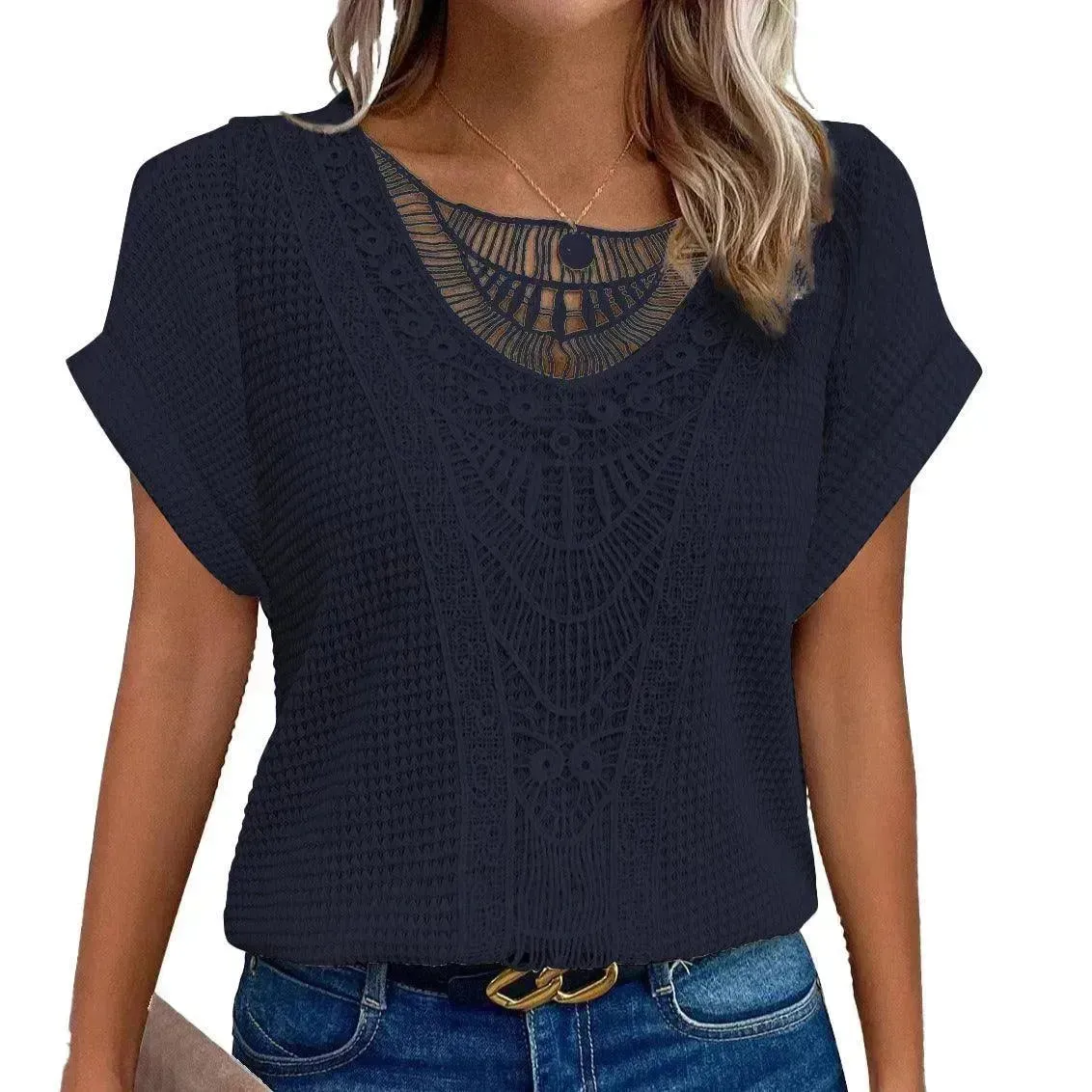 Lace Patchwork Short-sleeved T-shirt Women's Clothing