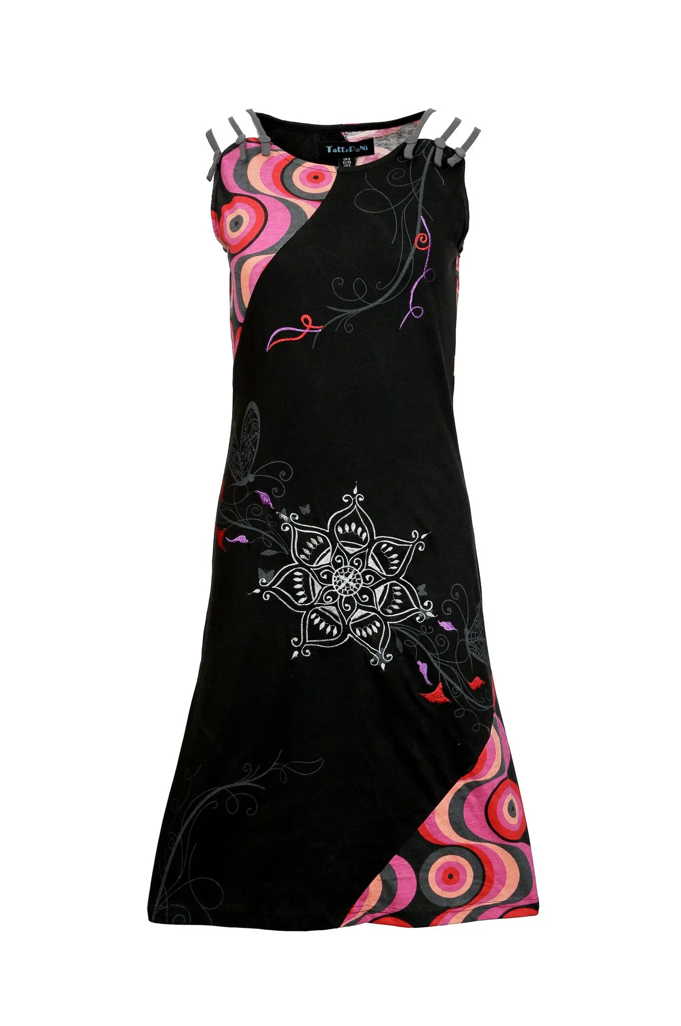 ladies-sleeveless-dress-with-embroidery-and-colorful-circle-pattern-print-deisgn