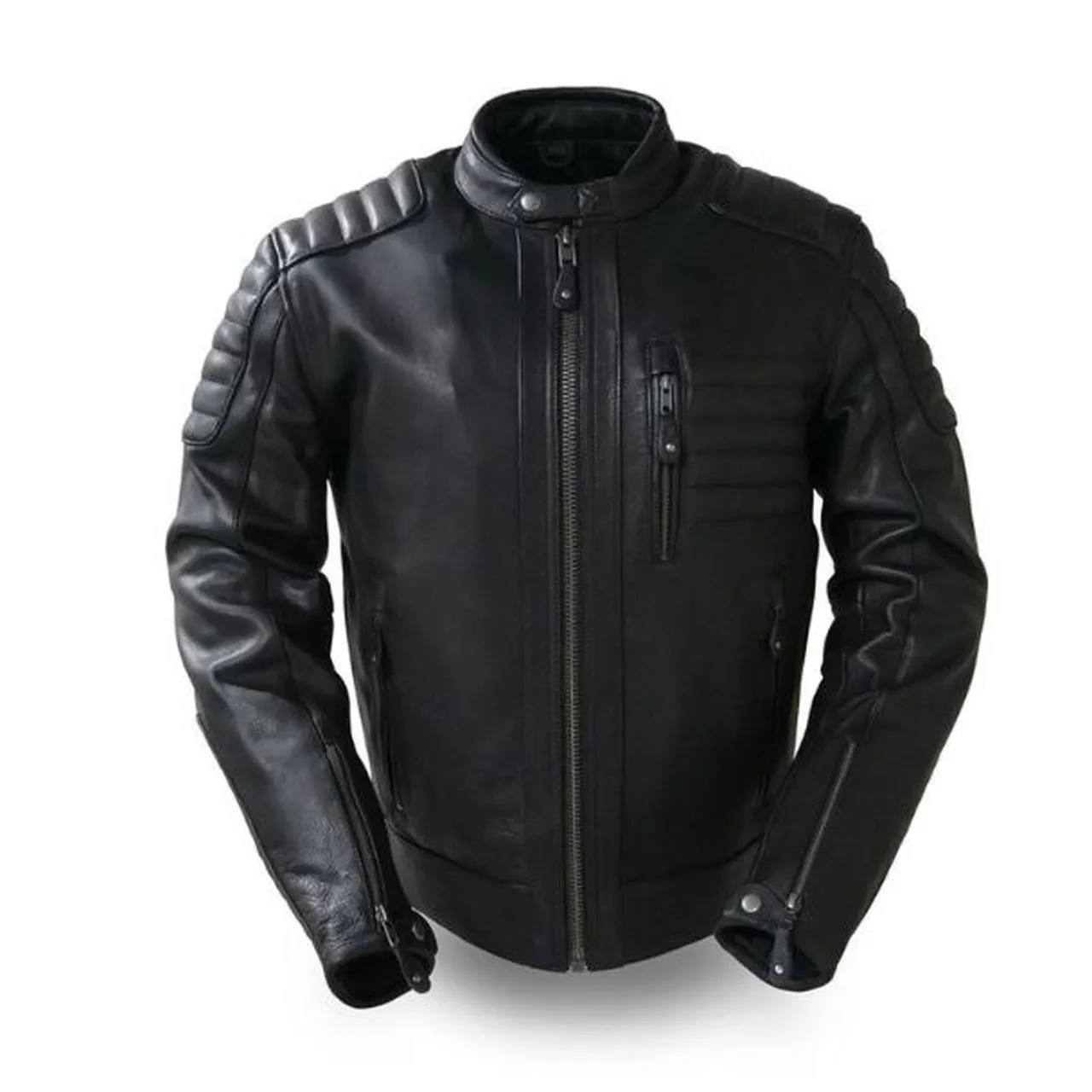 Leather Motorcycle Jacket Stripes on Shoulder and Chest for Men