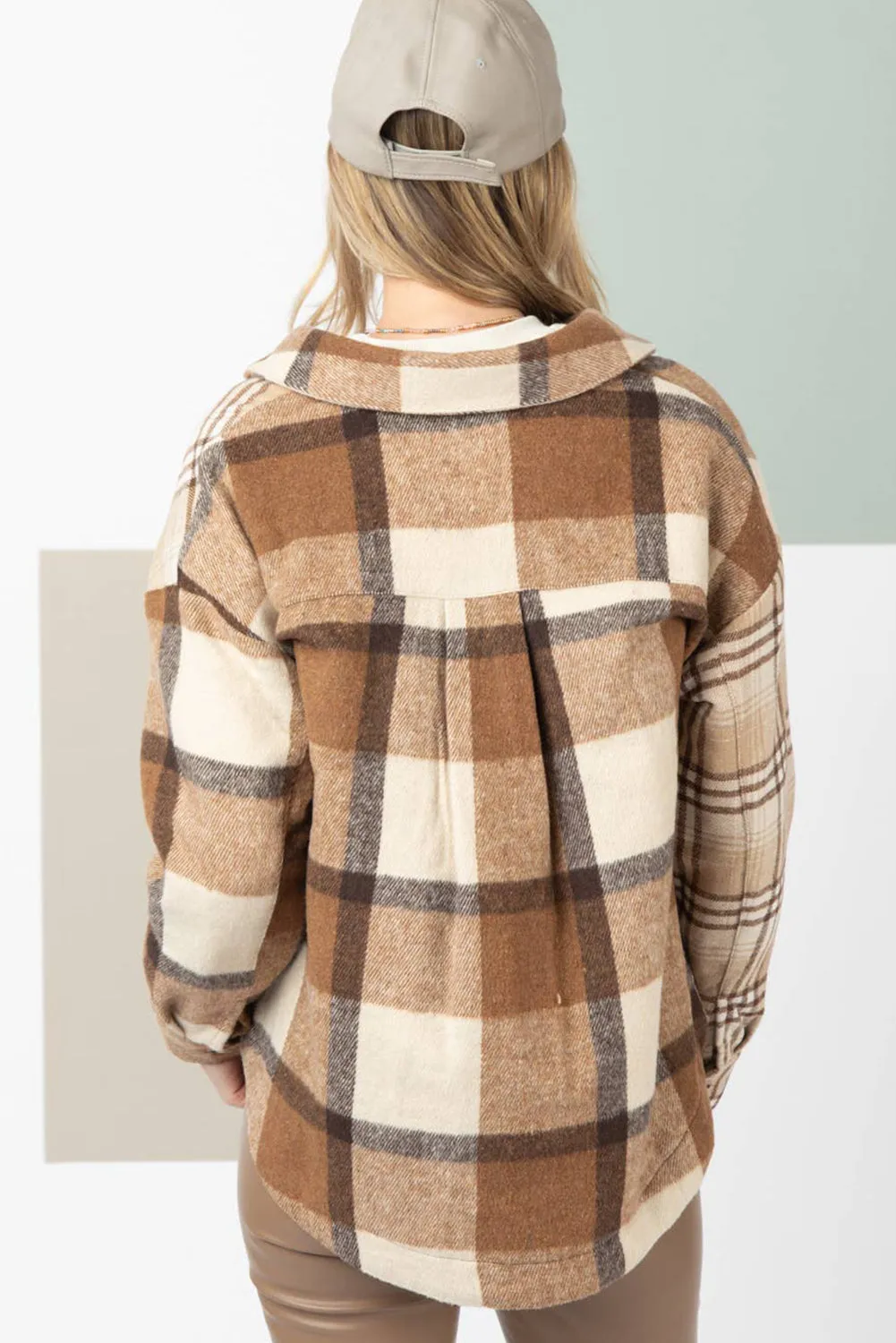 Light French Beige Flannel Plaid Patchwork Shacket