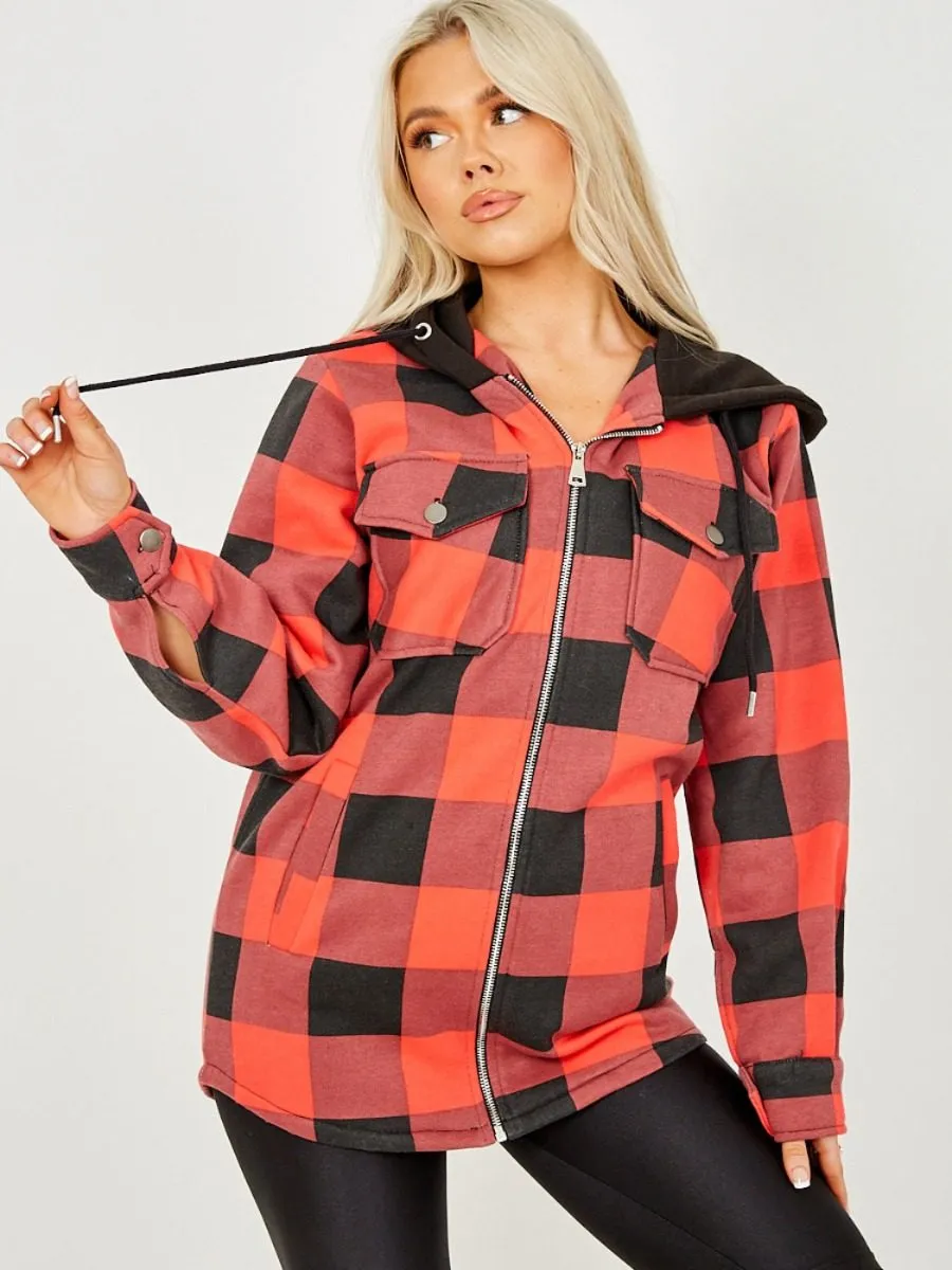 Lisa Thick Checked Shacket With Zip & Hood In Red