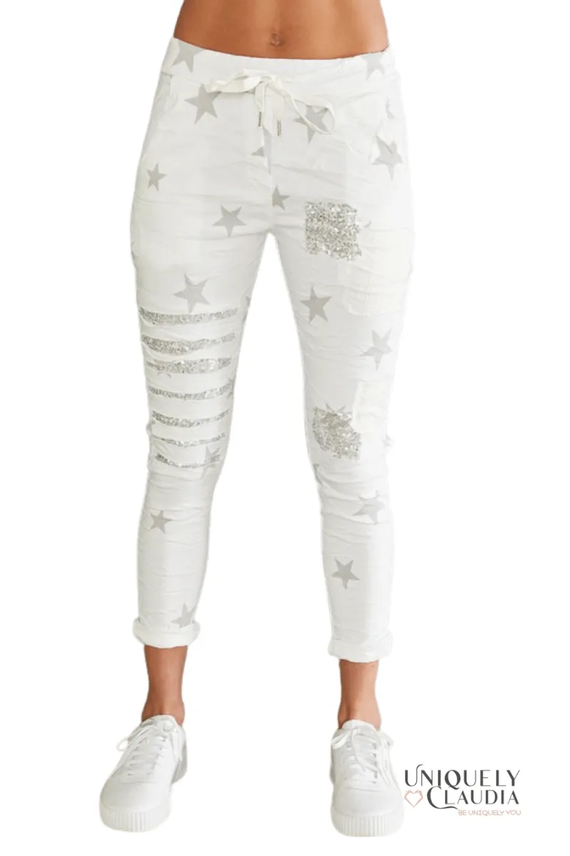 Luce Stellare Embellished Crinkle White Joggers