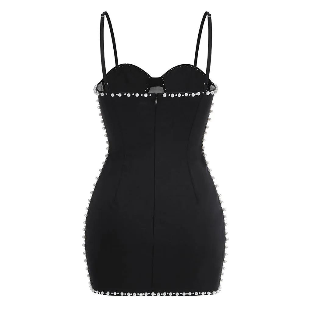 Luxury Bustier Sleeveless Mesh Panel Faux Pearl Embellished Club Mini Dress