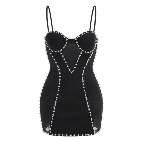 Luxury Bustier Sleeveless Mesh Panel Faux Pearl Embellished Club Mini Dress