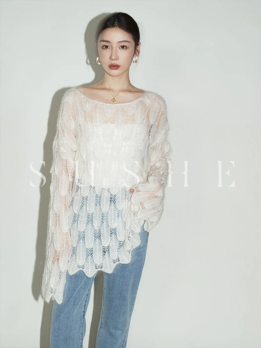 luxury high-end Romantic ultra-young mohair cropped neckline pullover sweater