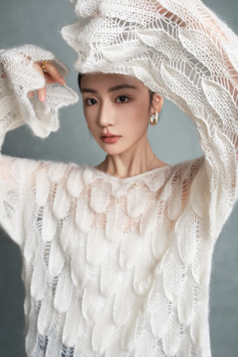 luxury high-end Romantic ultra-young mohair cropped neckline pullover sweater