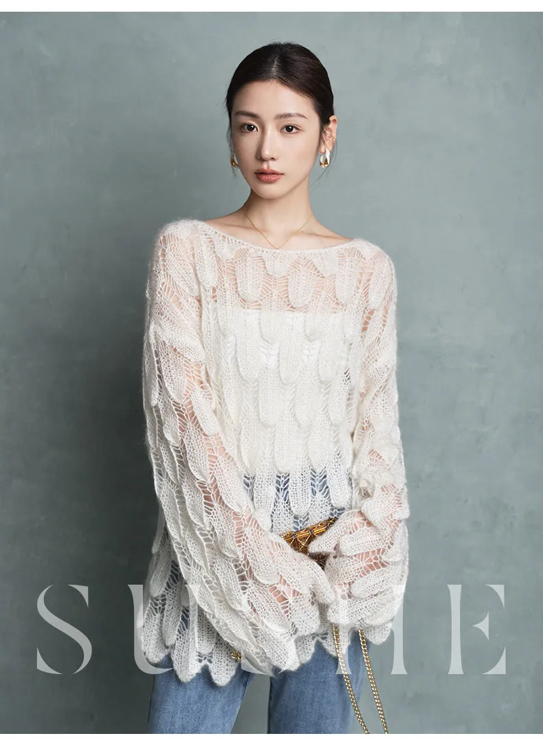 luxury high-end Romantic ultra-young mohair cropped neckline pullover sweater