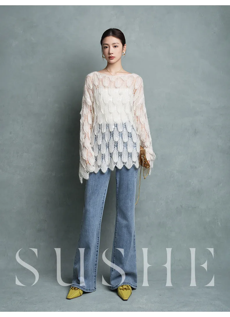 luxury high-end Romantic ultra-young mohair cropped neckline pullover sweater