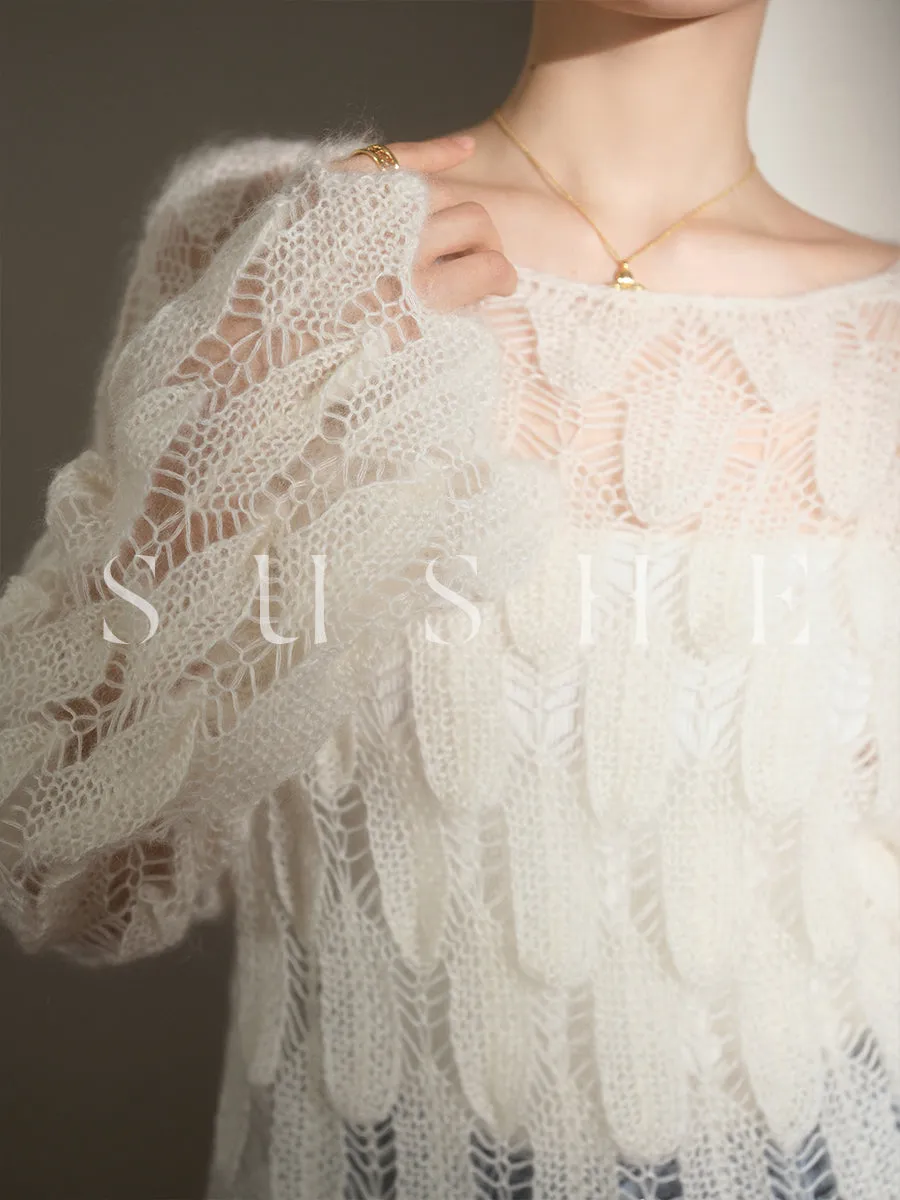 luxury high-end Romantic ultra-young mohair cropped neckline pullover sweater