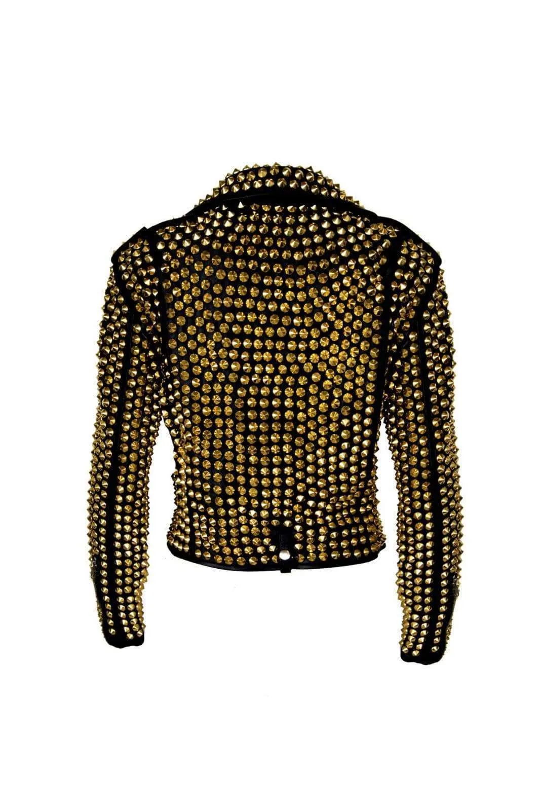 Luxury Woman Black Punk Golden Studded Cowhide Leather Jacket