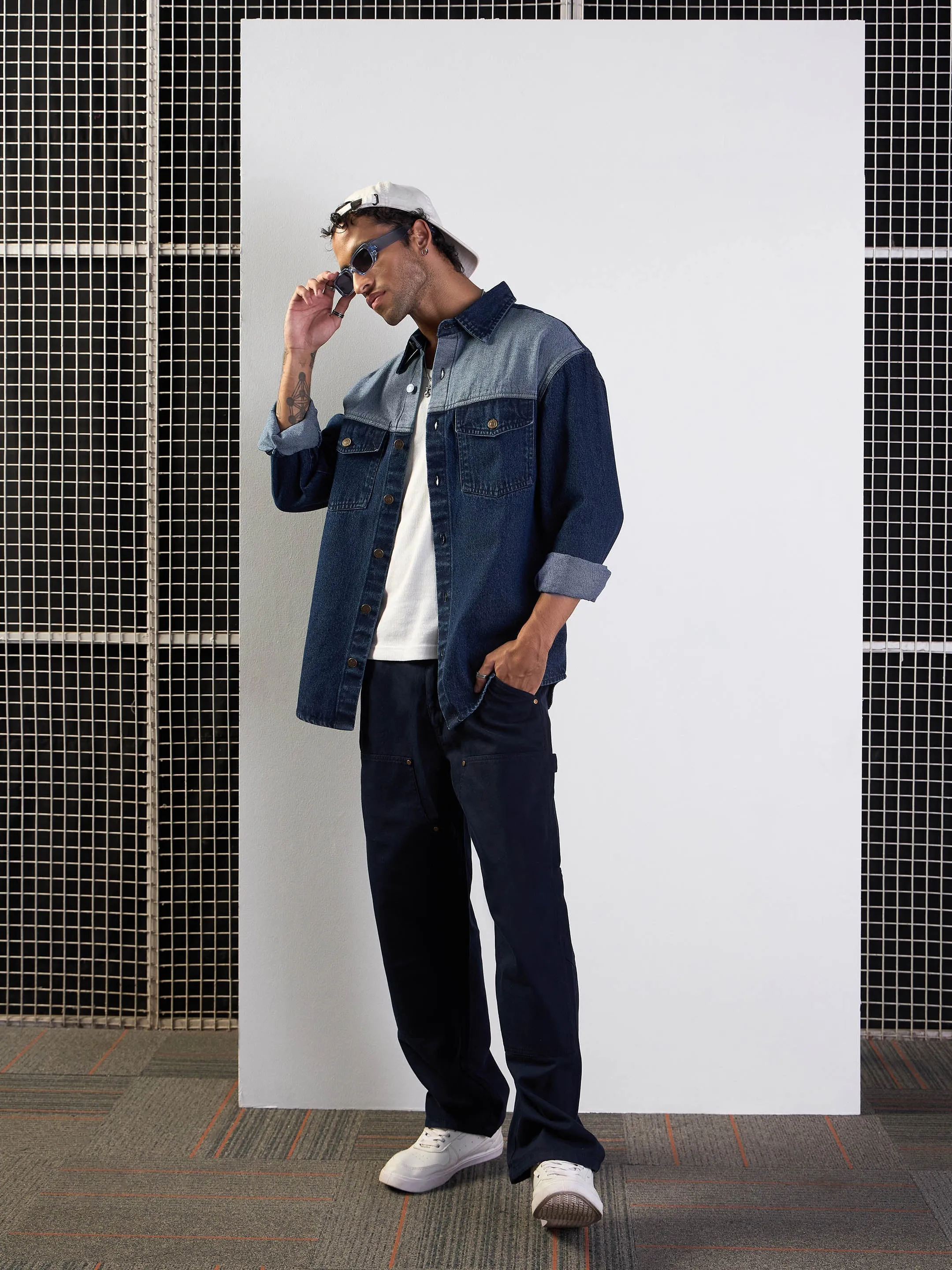 Men Blue Colour Block Oversize Shacket