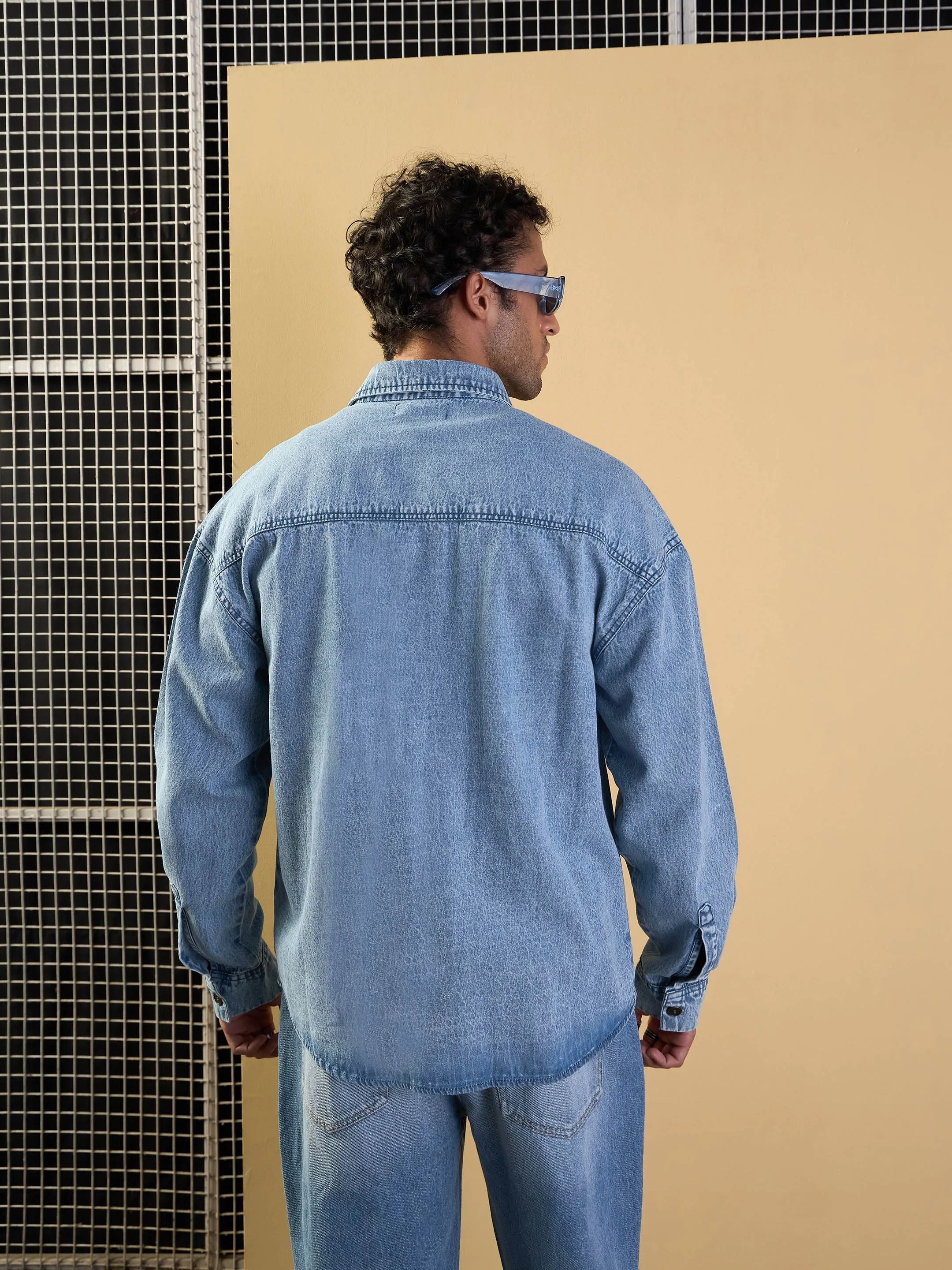 Men Blue Washed Denim Oversize Shacket