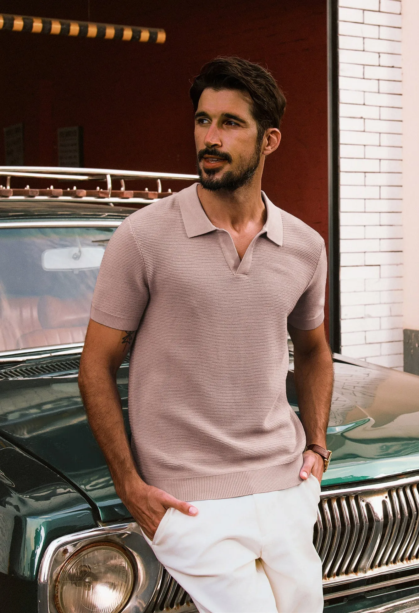 Men Textured Knitted Polo-Shirt Short Sleeve Lapel Collar V-Neck Tops