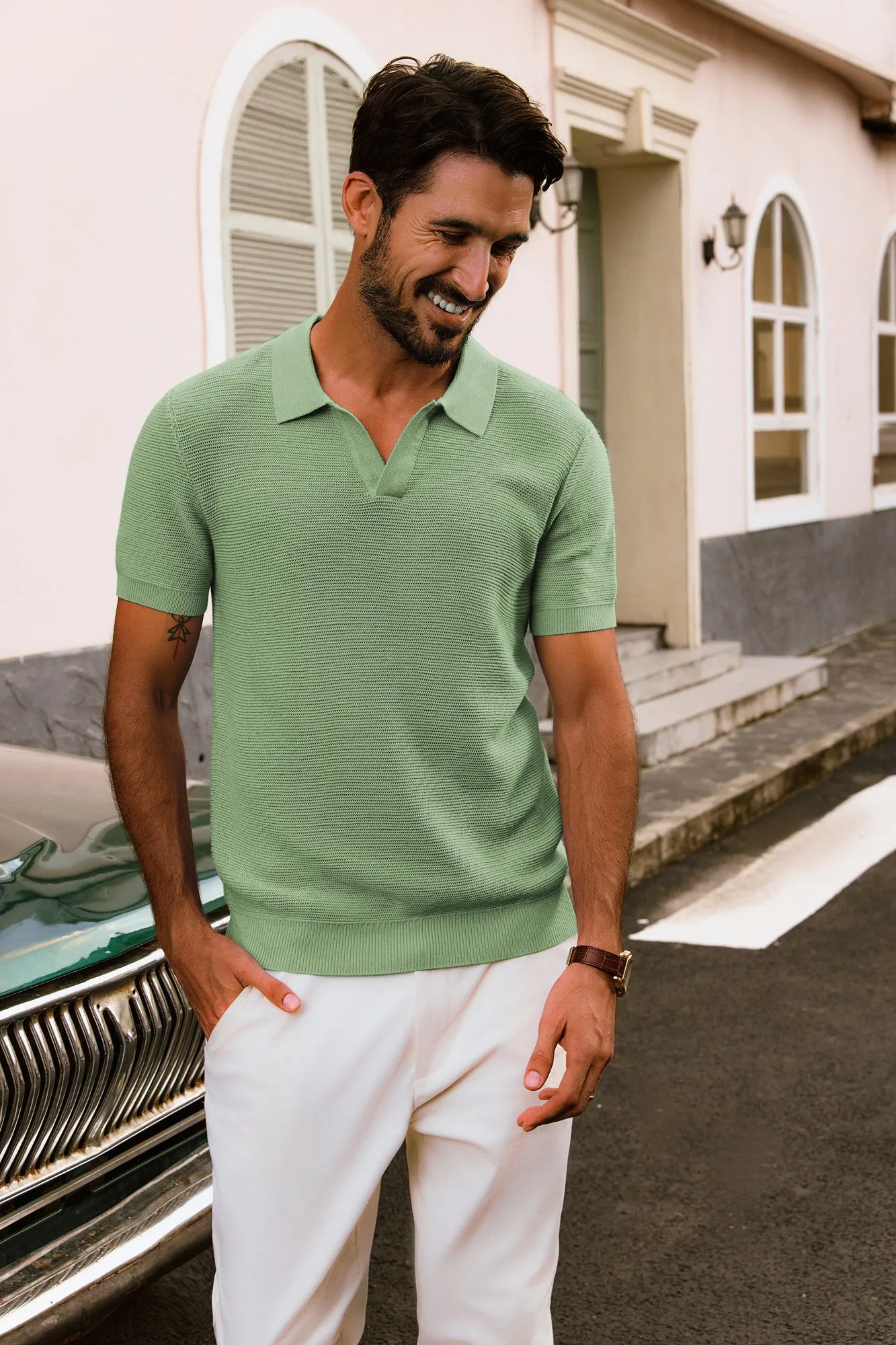 Men Textured Knitted Polo-Shirt Short Sleeve Lapel Collar V-Neck Tops