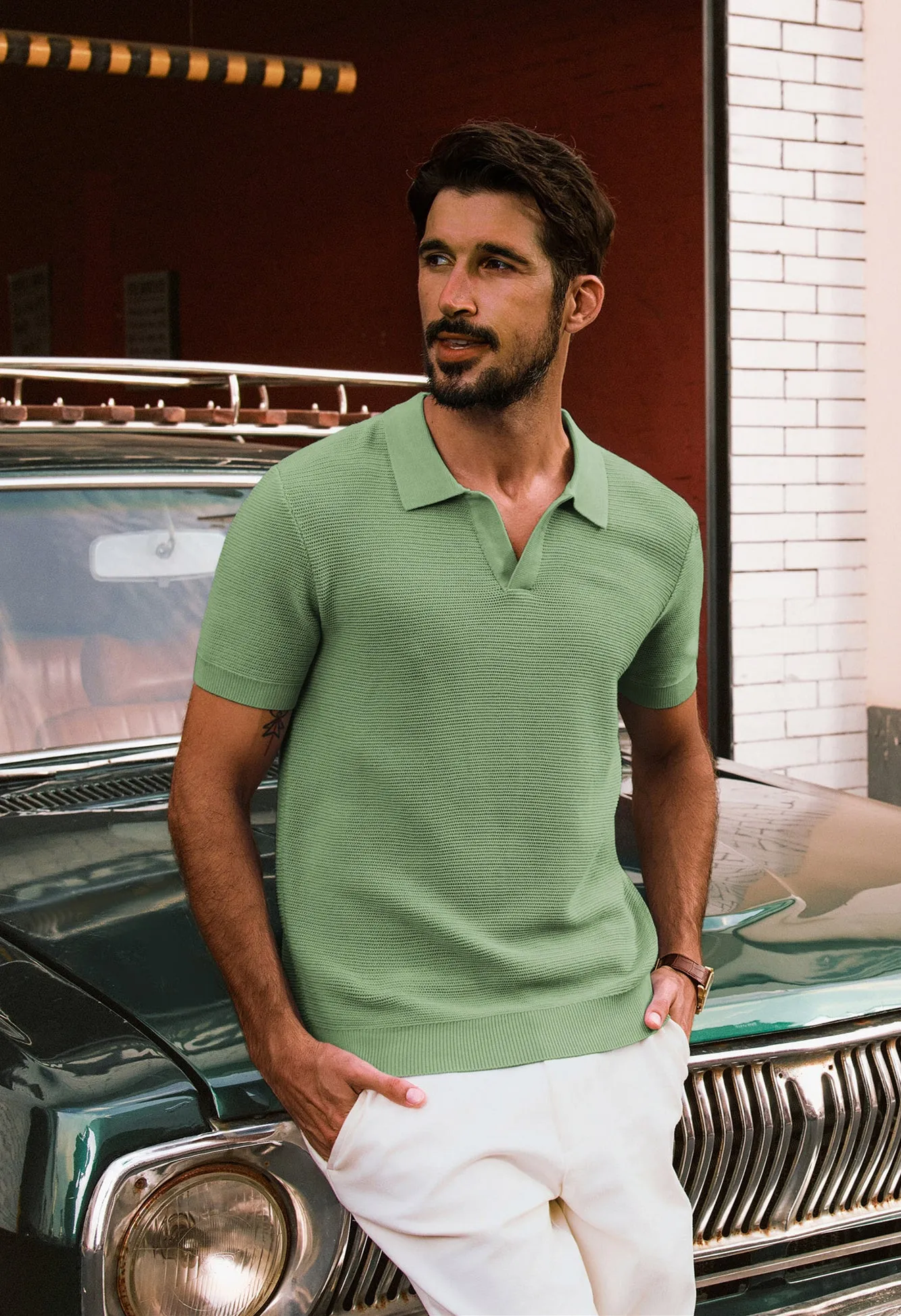 Men Textured Knitted Polo-Shirt Short Sleeve Lapel Collar V-Neck Tops