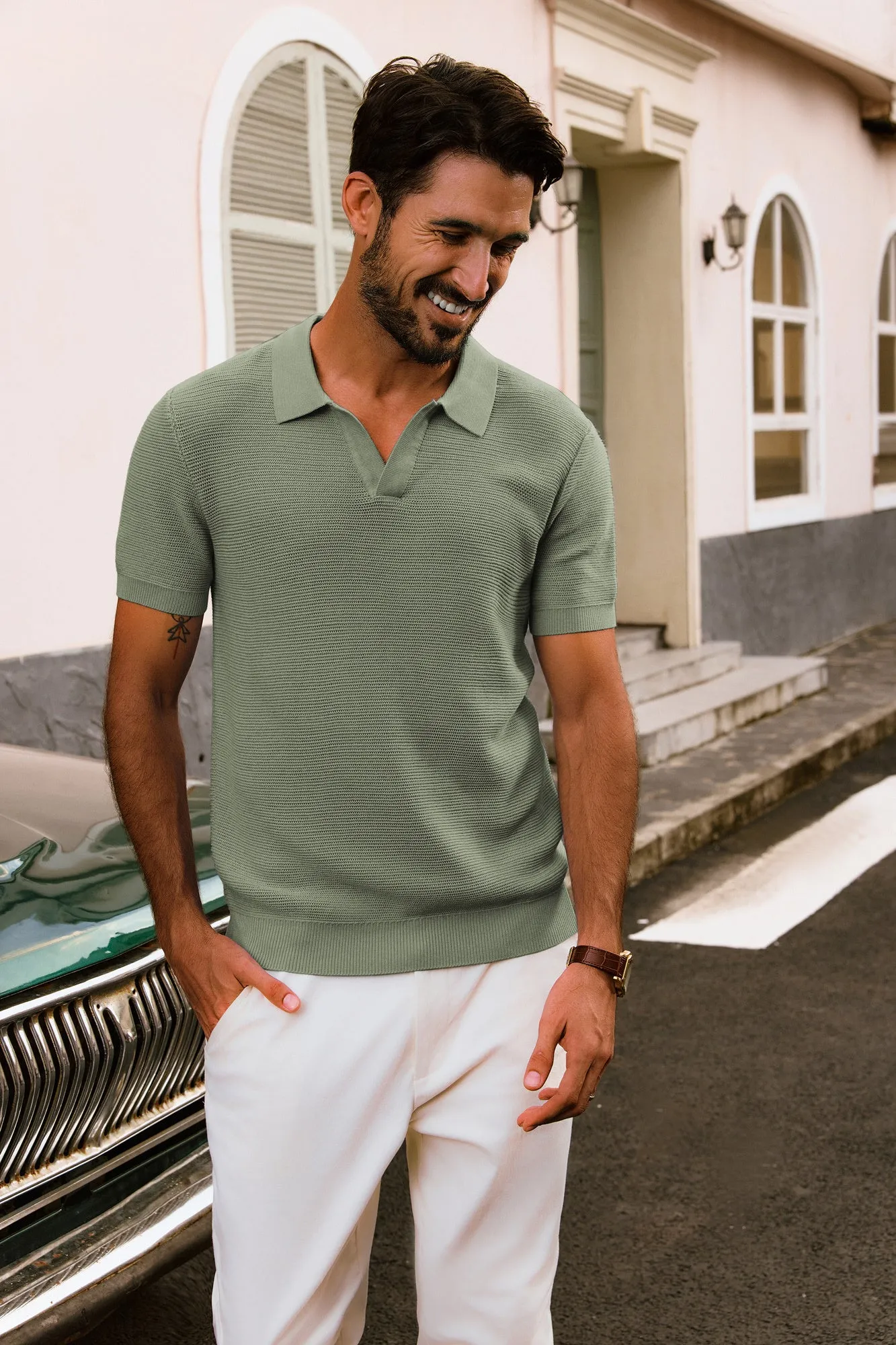 Men Textured Knitted Polo-Shirt Short Sleeve Lapel Collar V-Neck Tops