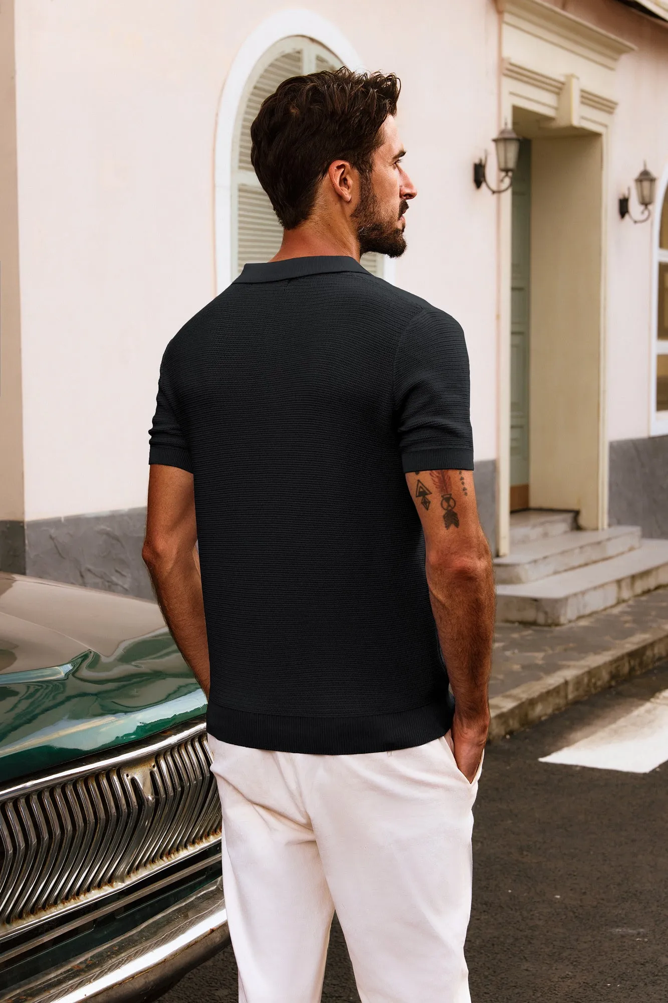 Men Textured Knitted Polo-Shirt Short Sleeve Lapel Collar V-Neck Tops