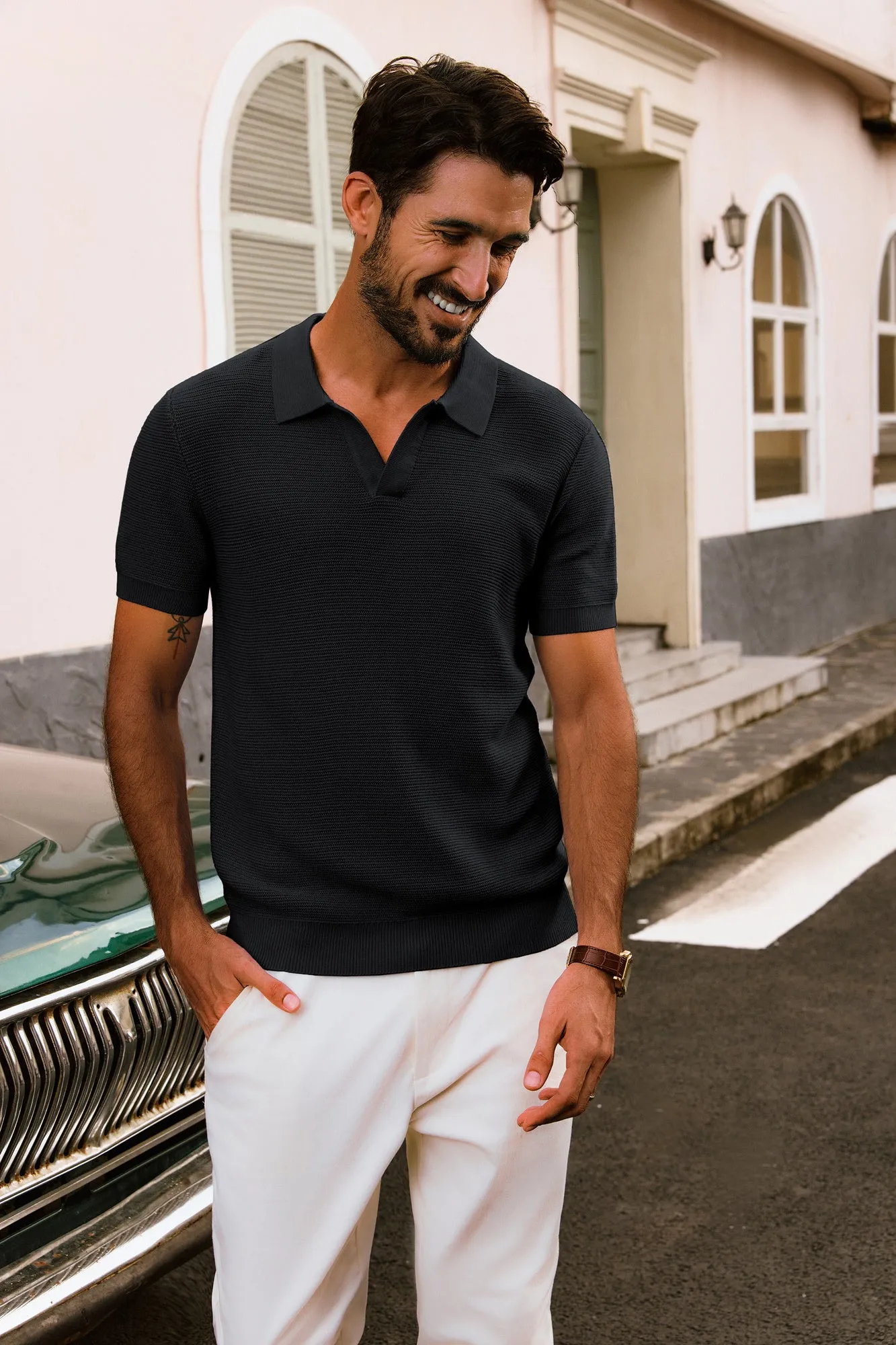 Men Textured Knitted Polo-Shirt Short Sleeve Lapel Collar V-Neck Tops