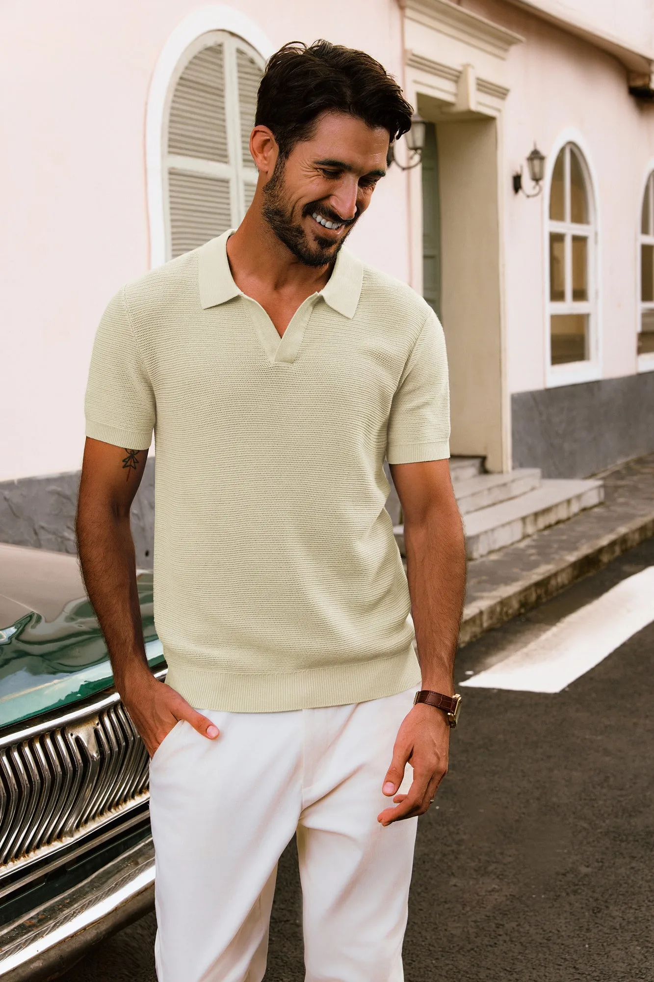 Men Textured Knitted Polo-Shirt Short Sleeve Lapel Collar V-Neck Tops