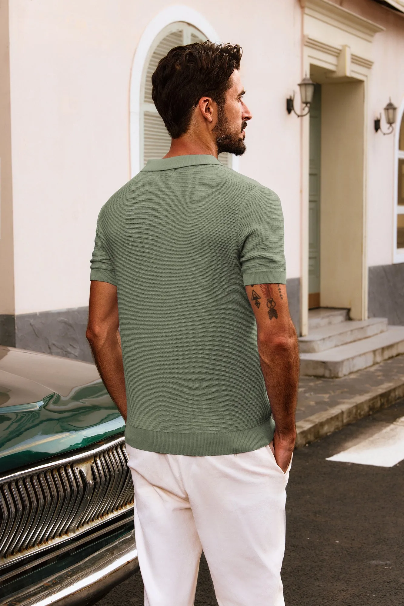 Men Textured Knitted Polo-Shirt Short Sleeve Lapel Collar V-Neck Tops