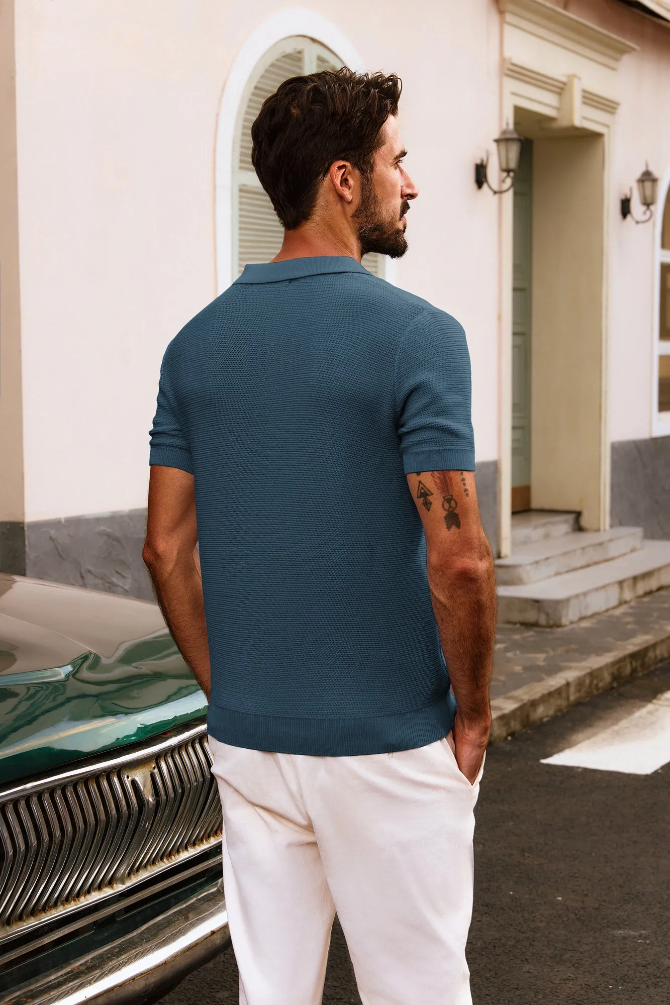 Men Textured Knitted Polo-Shirt Short Sleeve Lapel Collar V-Neck Tops