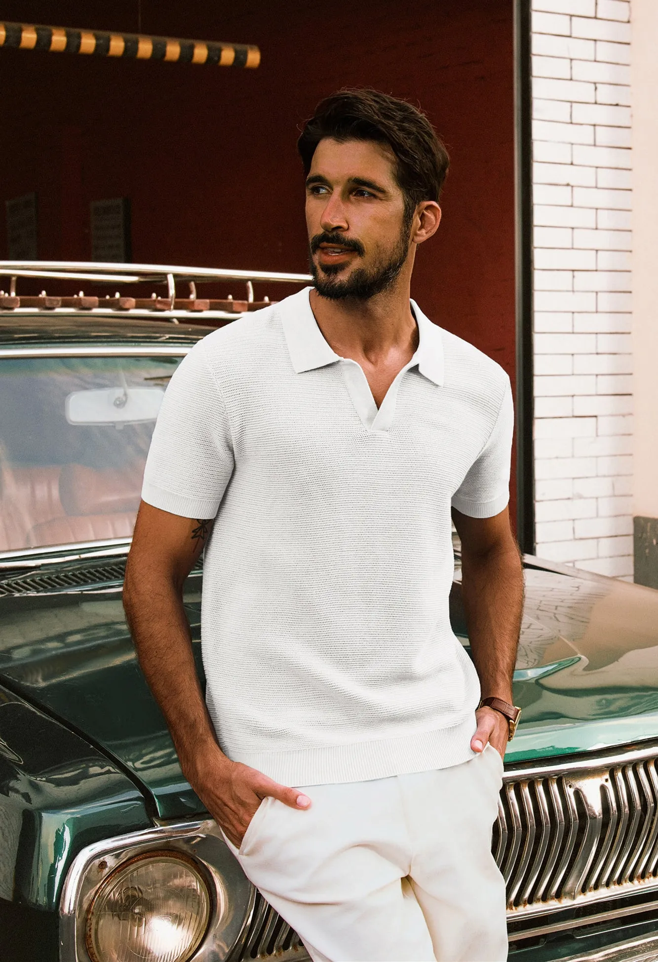 Men Textured Knitted Polo-Shirt Short Sleeve Lapel Collar V-Neck Tops