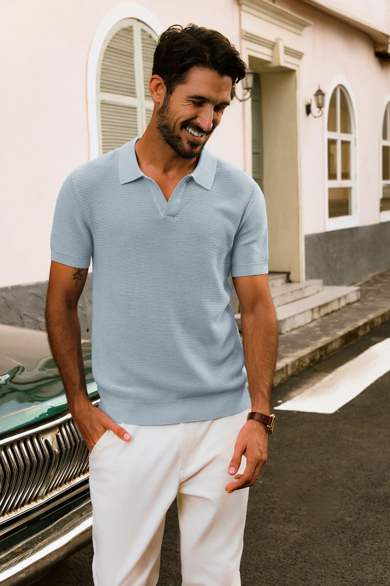 Men Textured Knitted Polo-Shirt Short Sleeve Lapel Collar V-Neck Tops