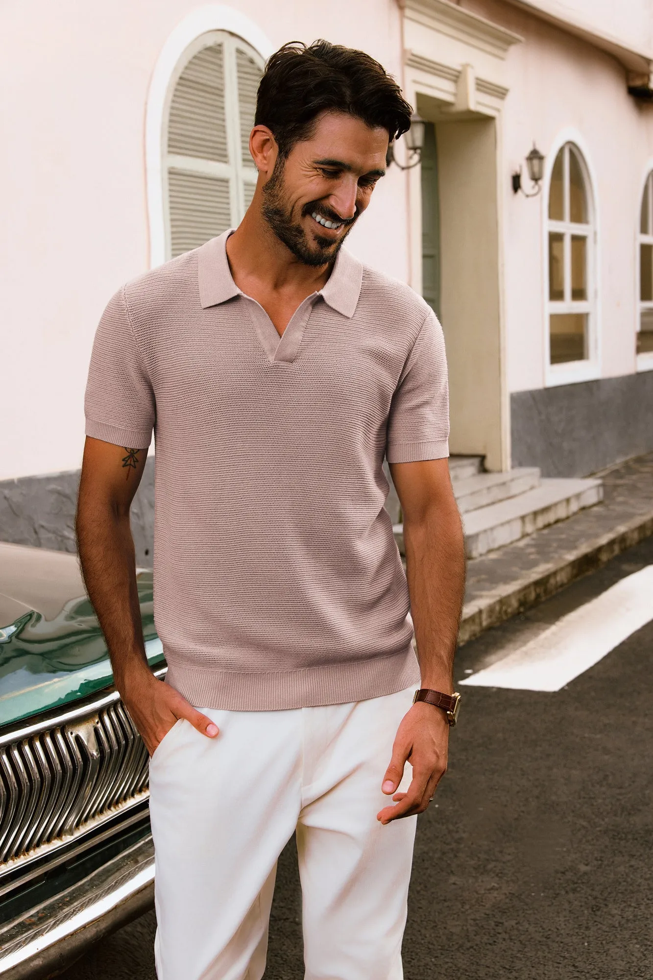 Men Textured Knitted Polo-Shirt Short Sleeve Lapel Collar V-Neck Tops