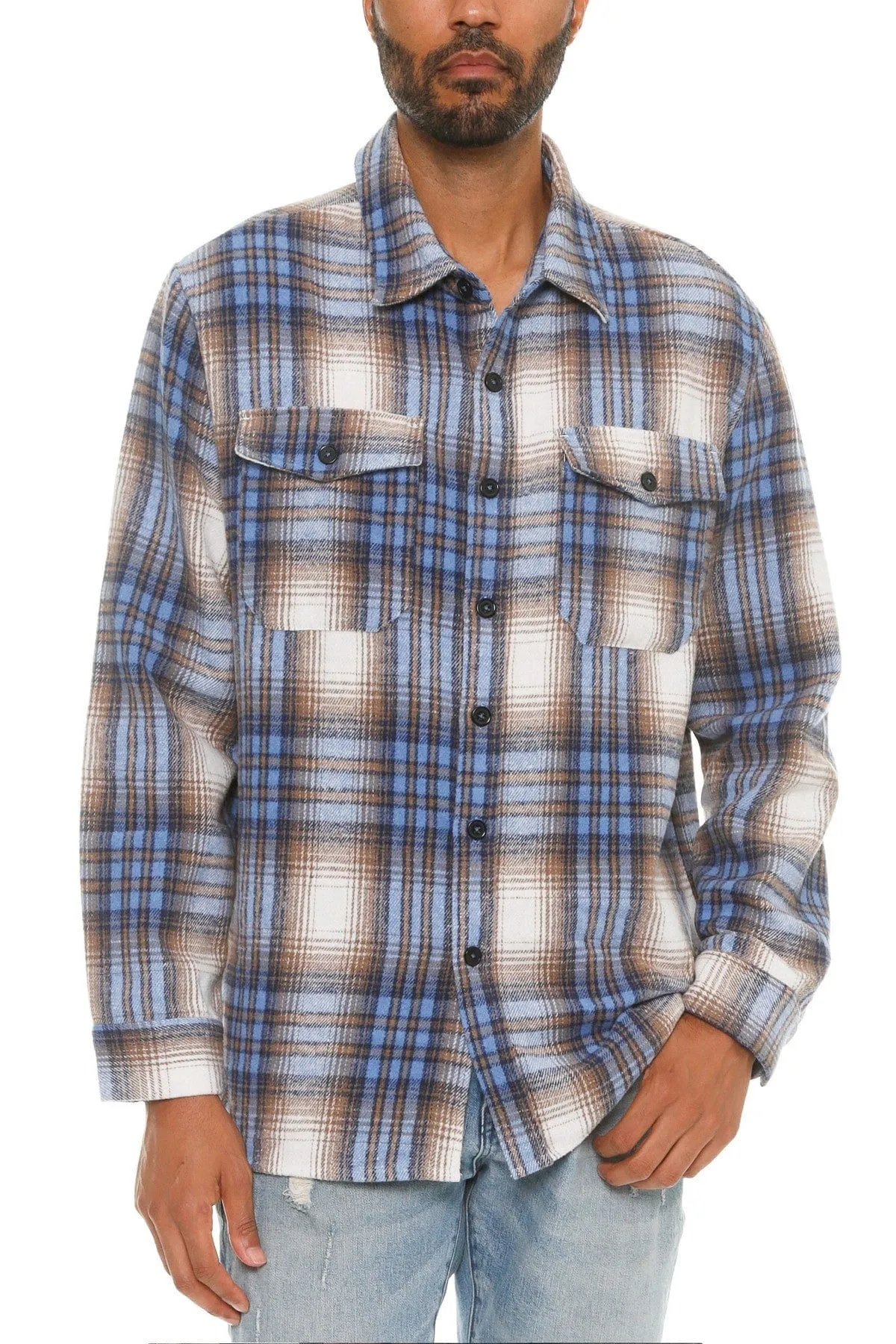 Men's Checkered Soft Flannel Shacket: A Fusion of Comfort and Class - Blue Sand