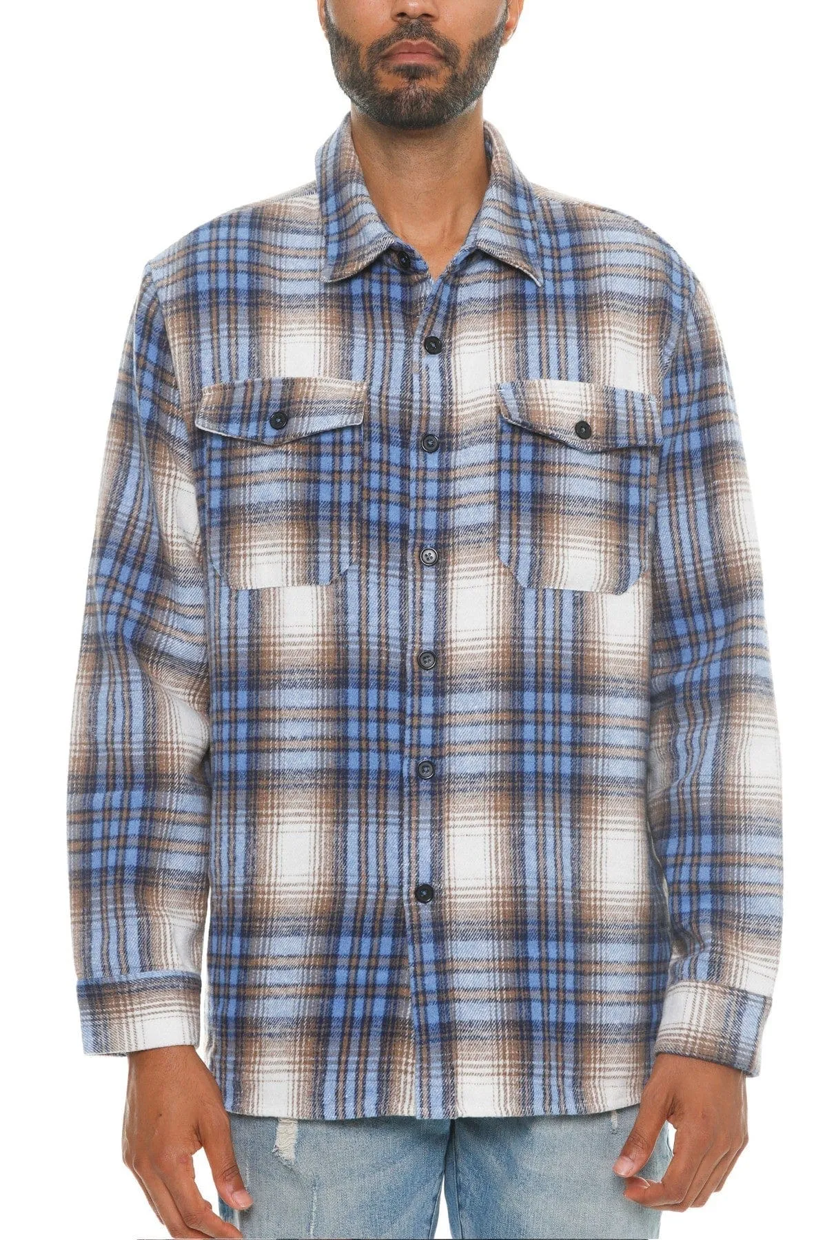 Men's Checkered Soft Flannel Shacket: A Fusion of Comfort and Class - Blue Sand