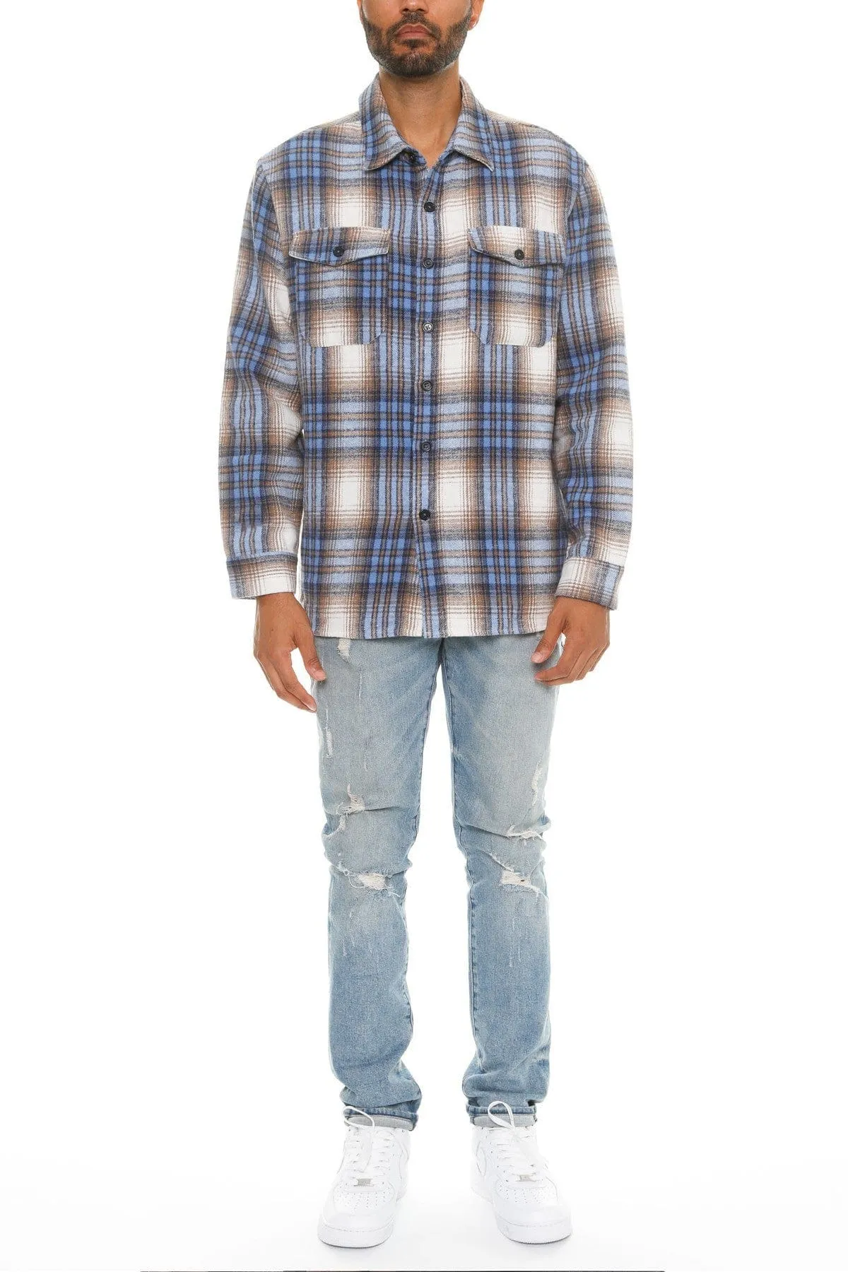 Men's Checkered Soft Flannel Shacket: A Fusion of Comfort and Class - Blue Sand