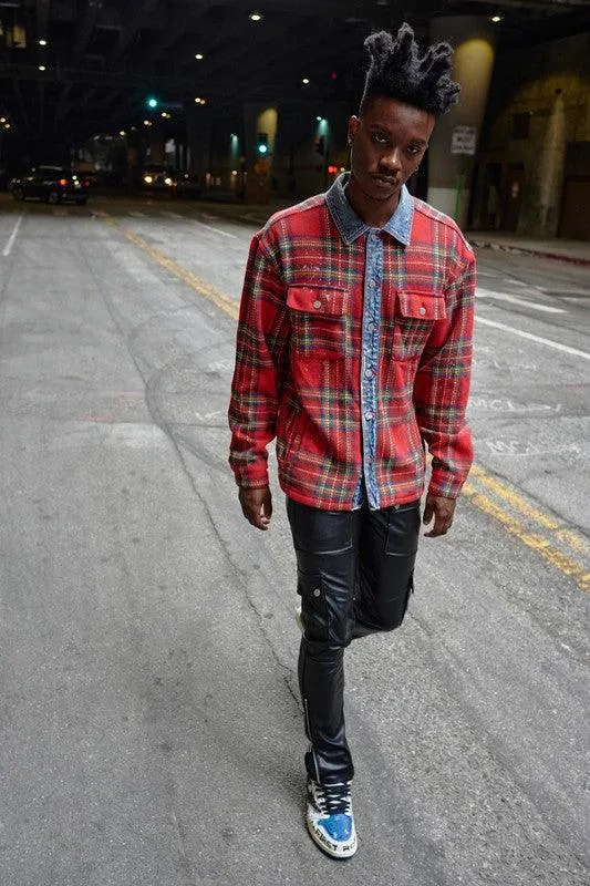 Mens Red Flannel Shacket With Denim Contrast Shirt