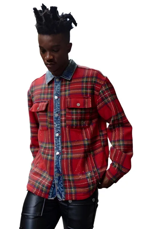 Mens Red Flannel Shacket With Denim Contrast Shirt