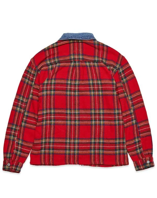 Mens Red Flannel Shacket With Denim Contrast Shirt