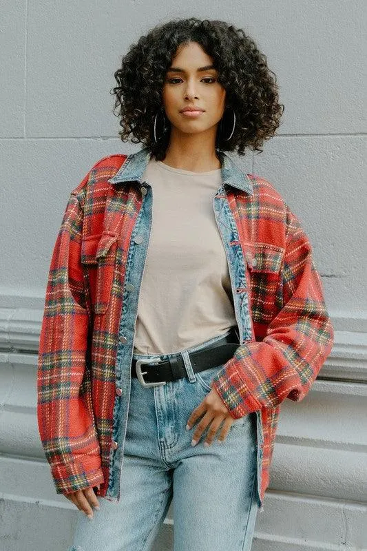 Mens Red Flannel Shacket With Denim Contrast Shirt