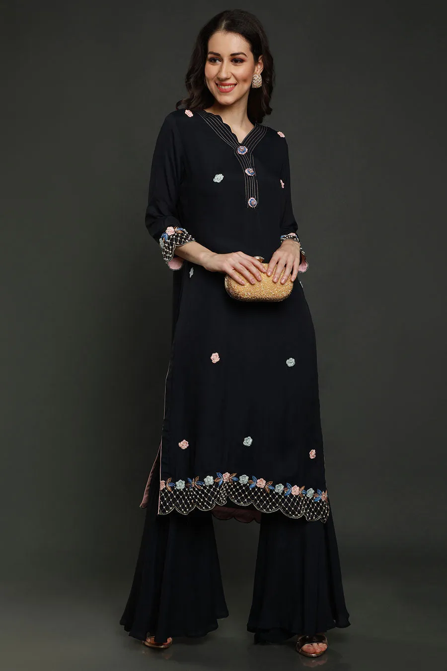 Midnight Blue Embroidered Gharara Set