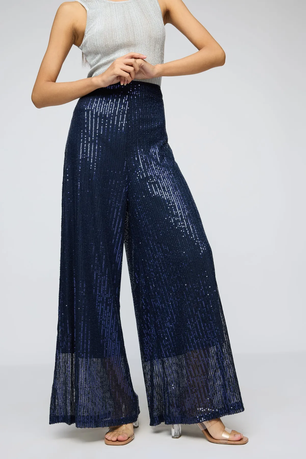 Moonlight Navy Sequin Flare Fit Korean Pants