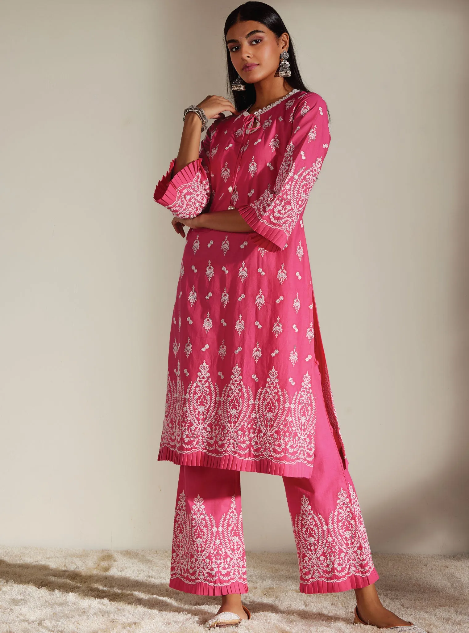 Mulmul Cotton Asteria Pink Kurta With Asteria Pink Palazzo