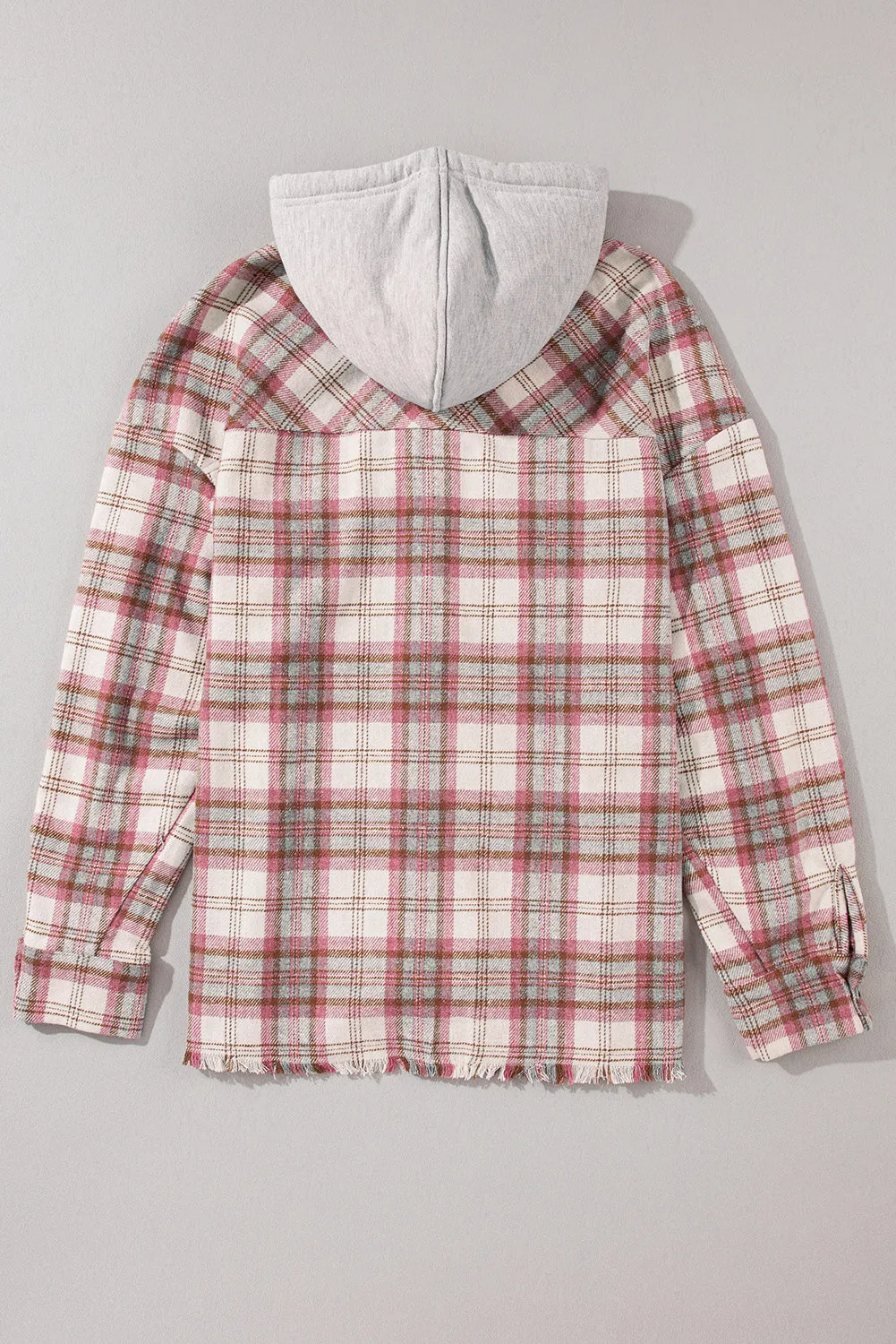 Multicolour Plaid Flap Pocket Hooded Raw Hem Jacket