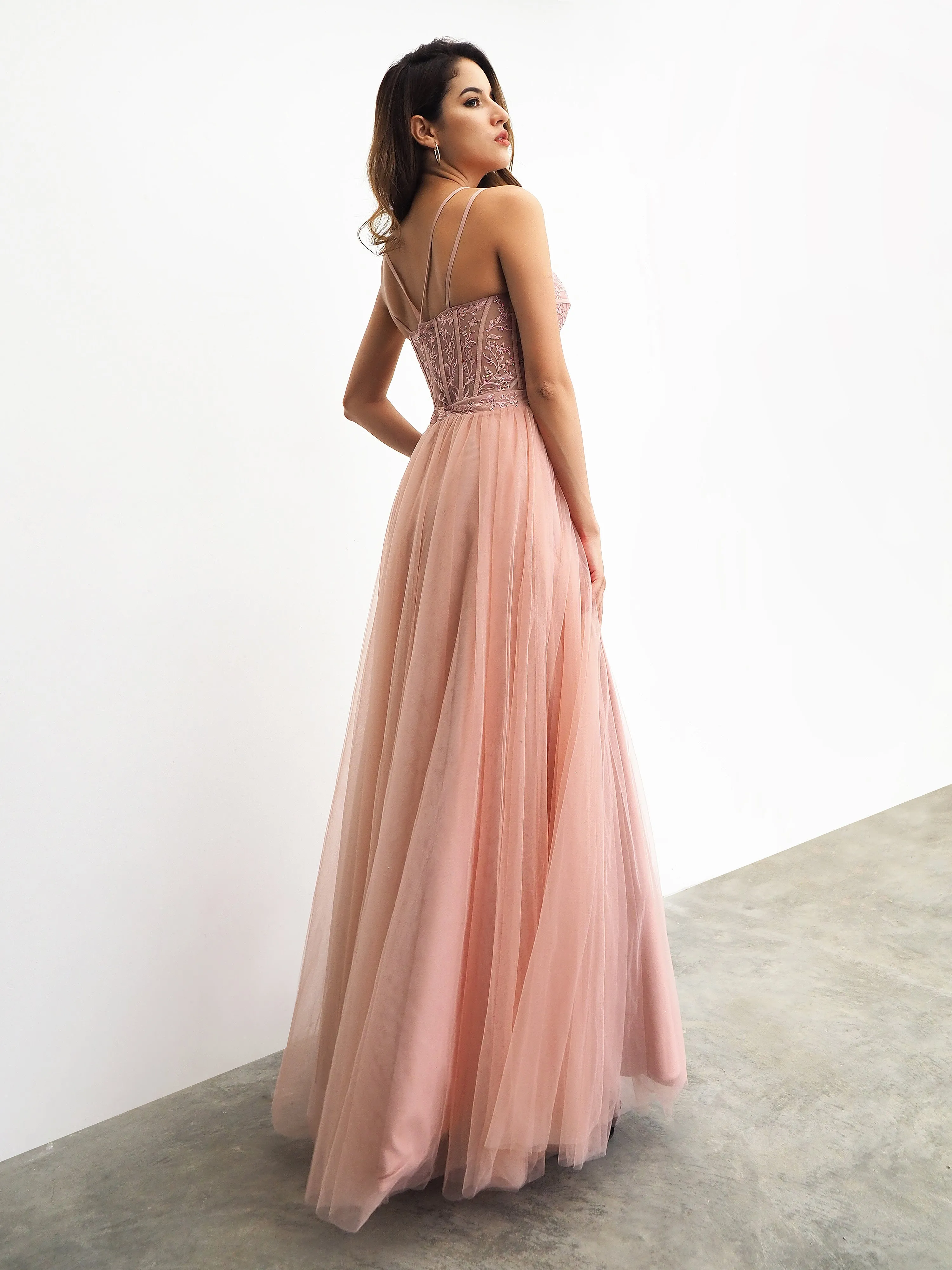 Muted pink tulle dress with slit for hire