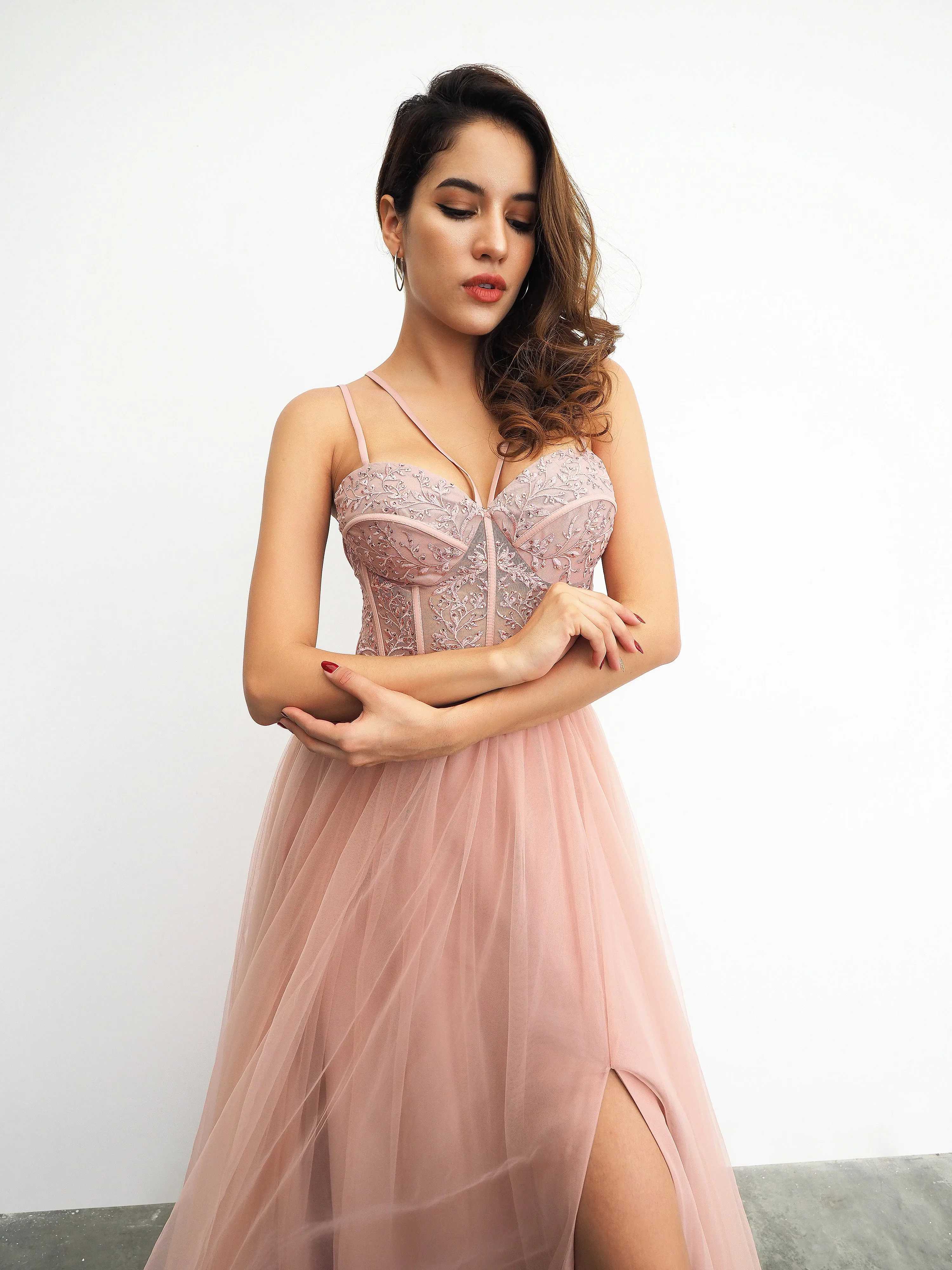 Muted pink tulle dress with slit for hire